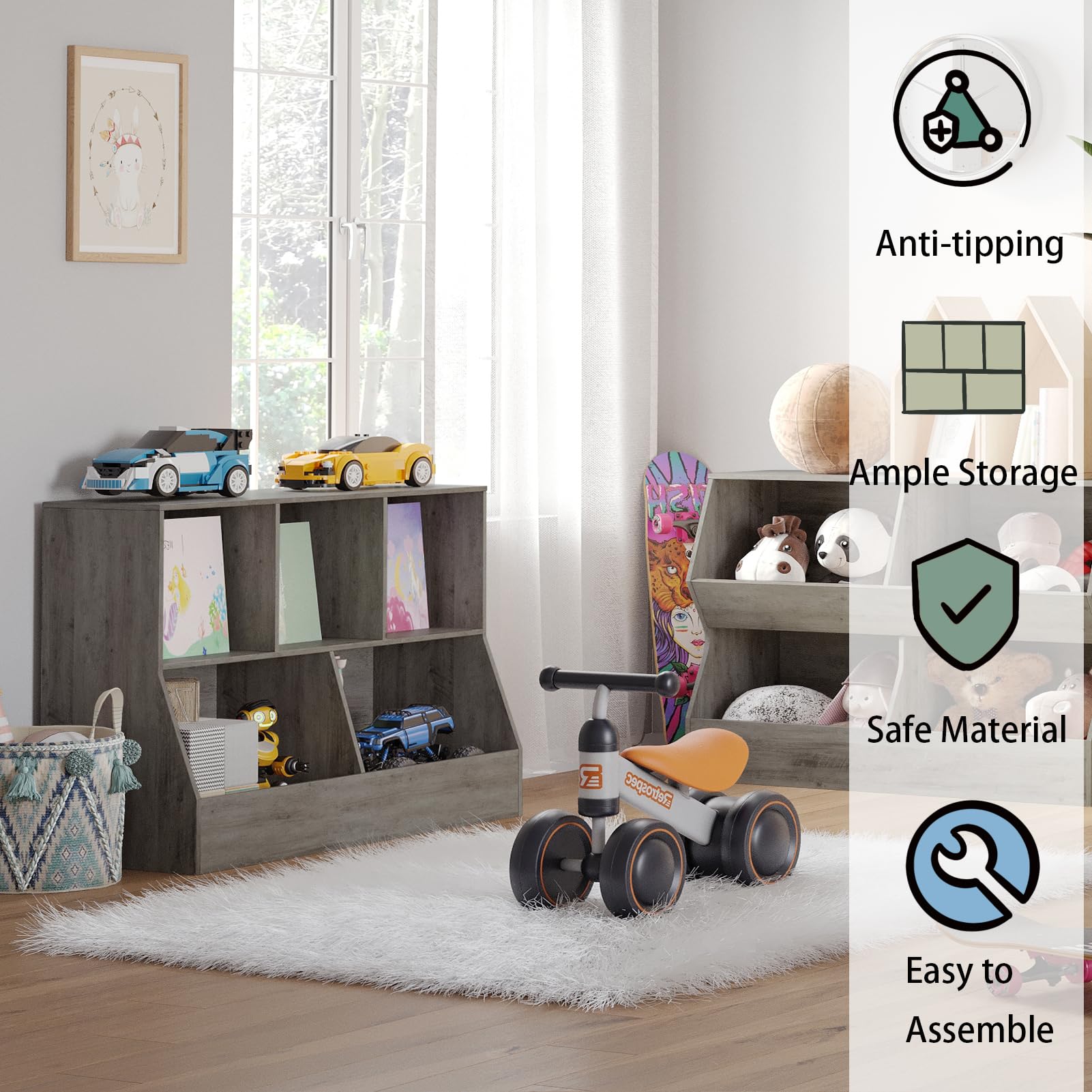 DINZI LVJ 5-Cubby Wooden Toy Storage Organizer & Kids Bookshelf - Gray Wash Toy Cabinet for Playroom, Bedroom, Nursery - Perfect for Organizing Toys, Books & School Supplies (43.3