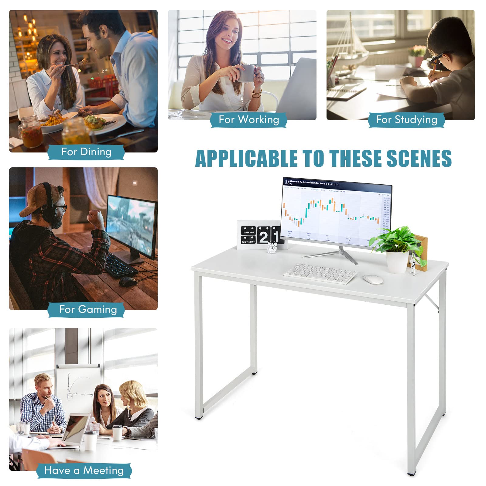 COSTWAY 40 Inch Home Office Computer Desk - Modern Simple Writing Study Desk with Metal Frame, Gaming & Laptop PC Workstation for Living Room, Bedroom & Study (White) | Perfect for Remote Work, Online Classes & Home Office Setup
