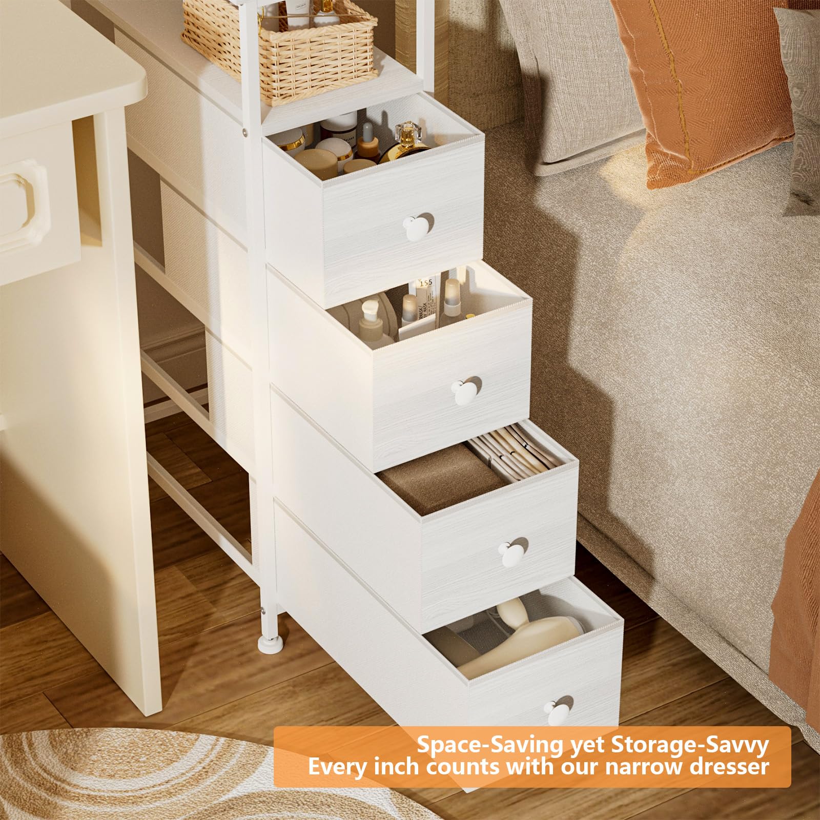 Slim White Dresser Storage Tower with 4 Fabric Drawers & Wood Shelf - Space-Saving Bedroom Nightstand, Bathroom Organizer for Small Spaces, Closet & Laundry Room - Perfect for Apartment Living & Dorm Storage
