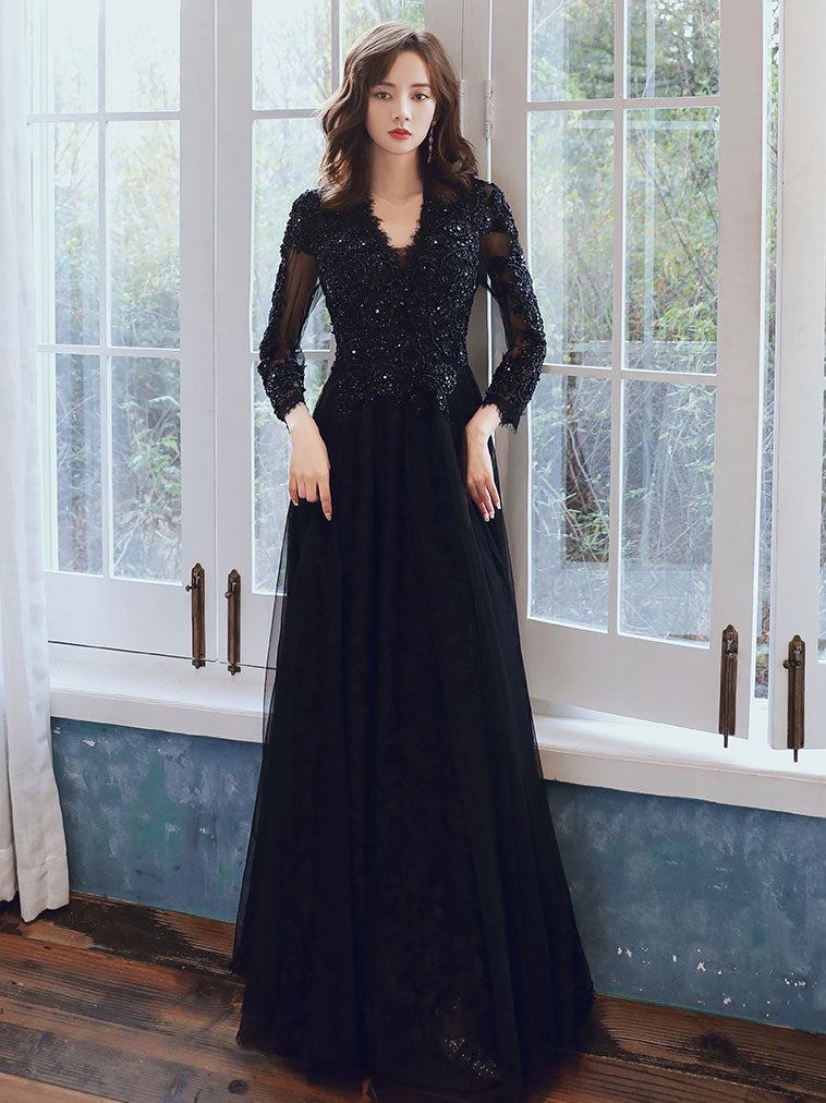 Elegant Black V-Neck Tulle Lace Beaded Long Prom Dress - Formal Evening Gown for Homecoming, Wedding, and Special Occasions