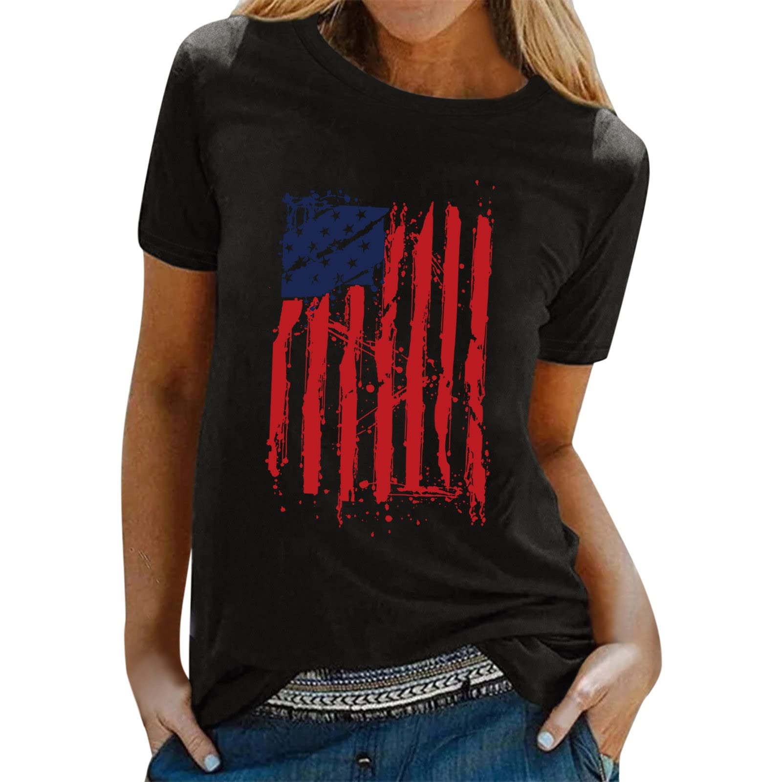 Women's Printed Short Sleeve Round Neck Casual Top - Loose Fit Independence Day Shirt for Summer Outfits, Beach Wear & Daily Fashion