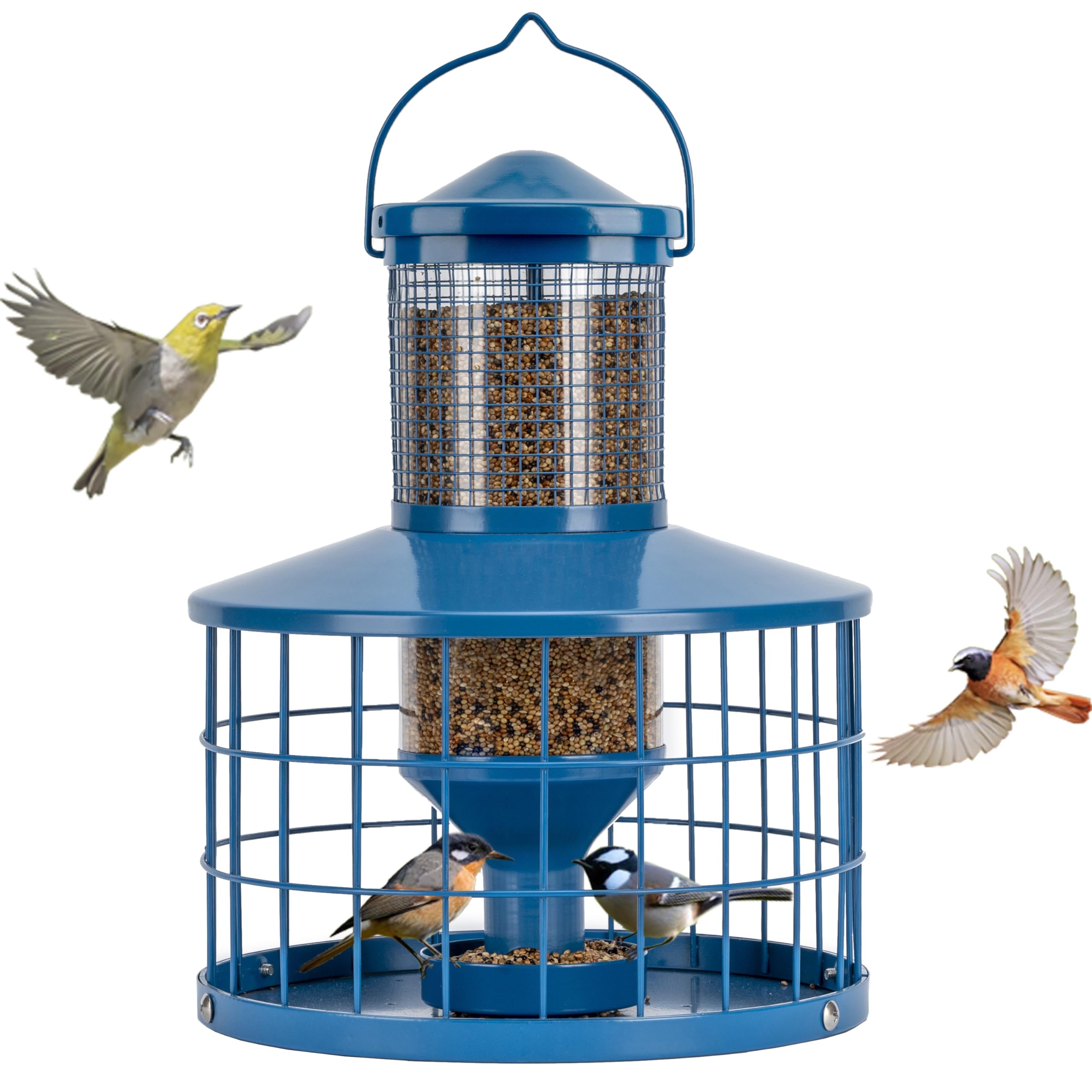 Squirrel Proof Metal Bird Feeder - 2.8Lb Capacity Outdoor Hanging Cage Tube Feeder with Detachable Tray, Easy to Clean & Starling Resistant (Blue) - Perfect for Backyards, Gardens & Bird Watching Enthusiasts