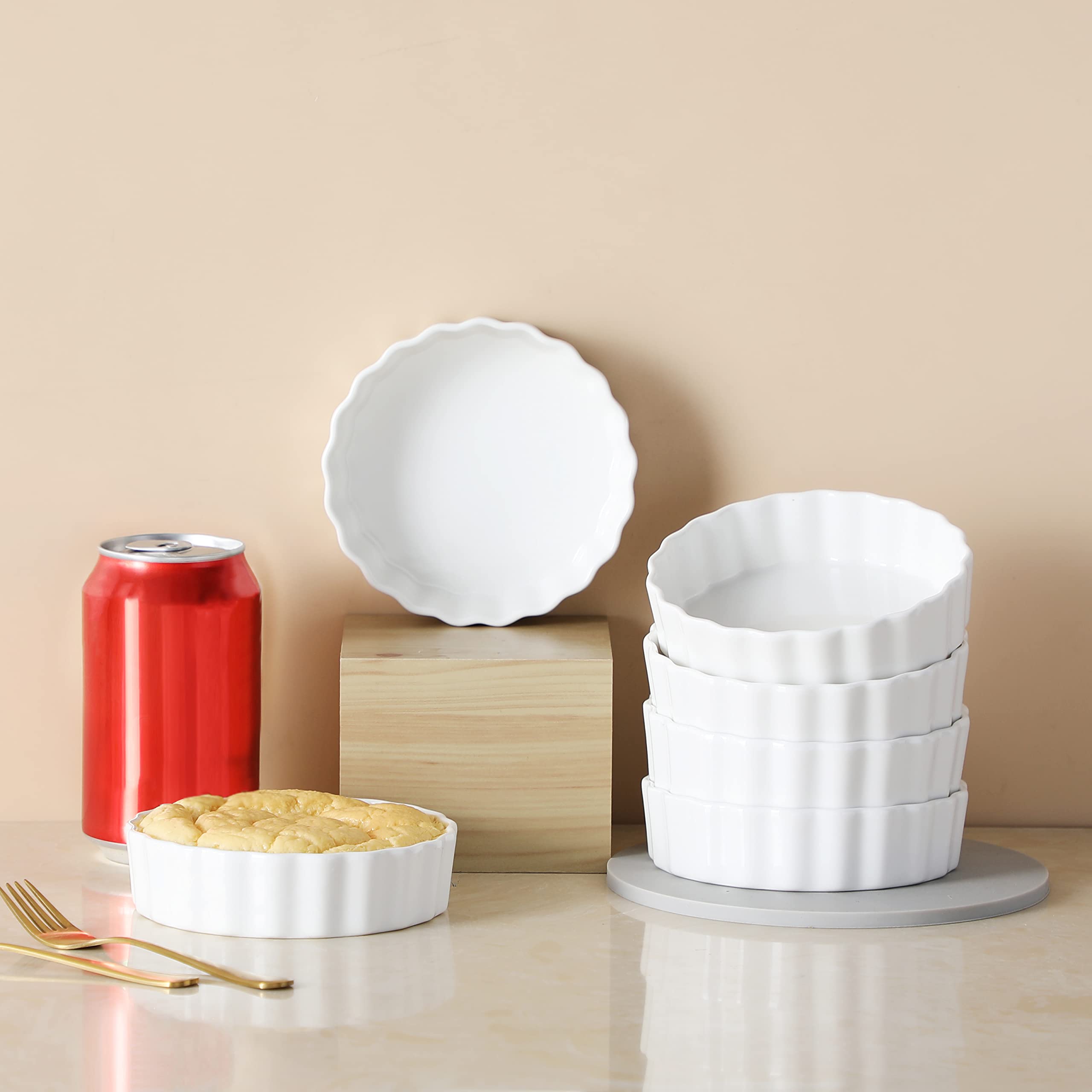 LOVECASA 8 Oz Porcelain Ramekins Set of 6 - Oven Safe Baking Dishes for Creme Brulee, Soufflés, Custards & Quiche | Chip-Resistant, Stackable White Ceramic Bowls | Perfect for Desserts, Appetizers & Meal Prep