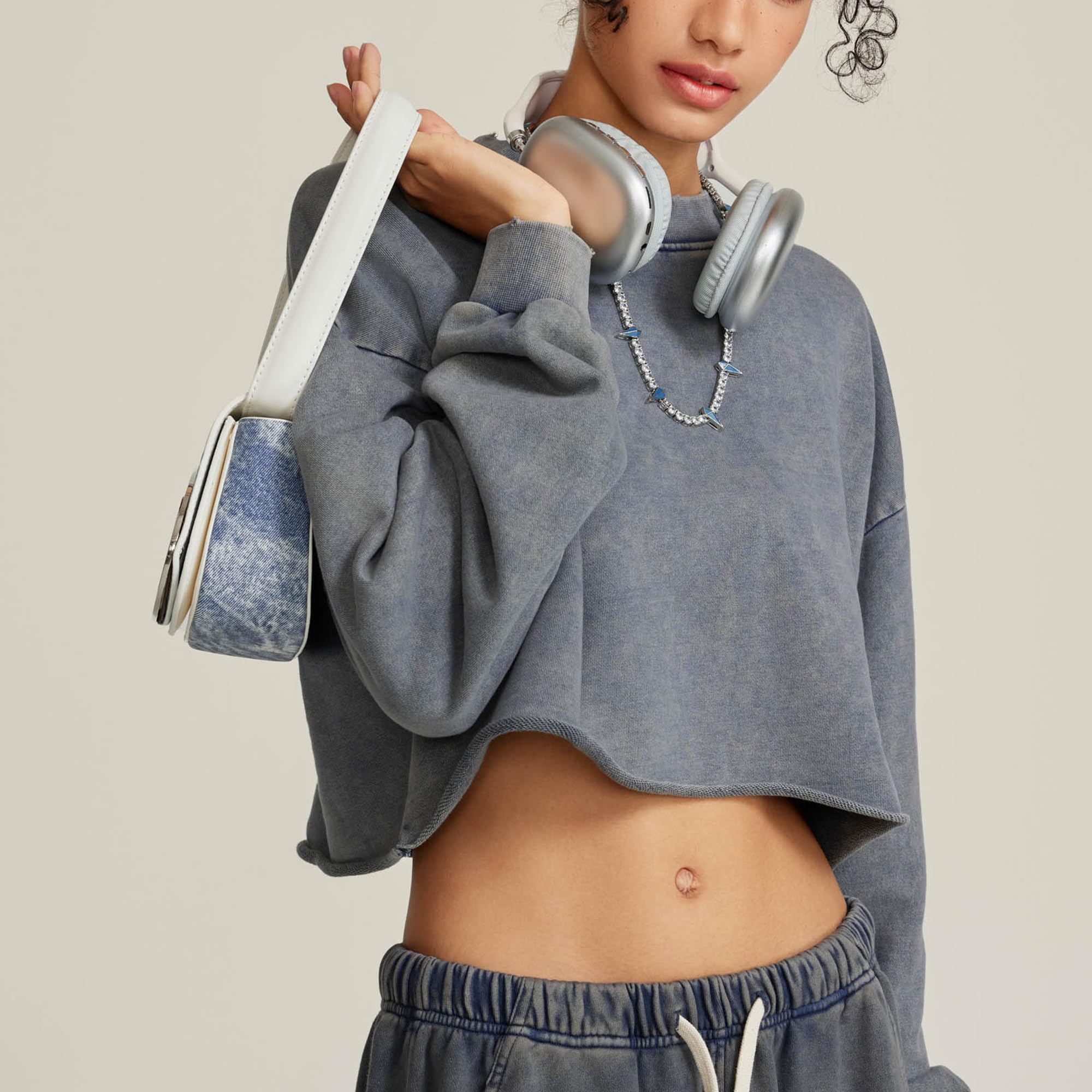 Vintage Acid Wash Cropped Sweatshirt for Women - Long Sleeve Pullover Hoodie Top | Workout, Casual Wear & Street Style Fashion