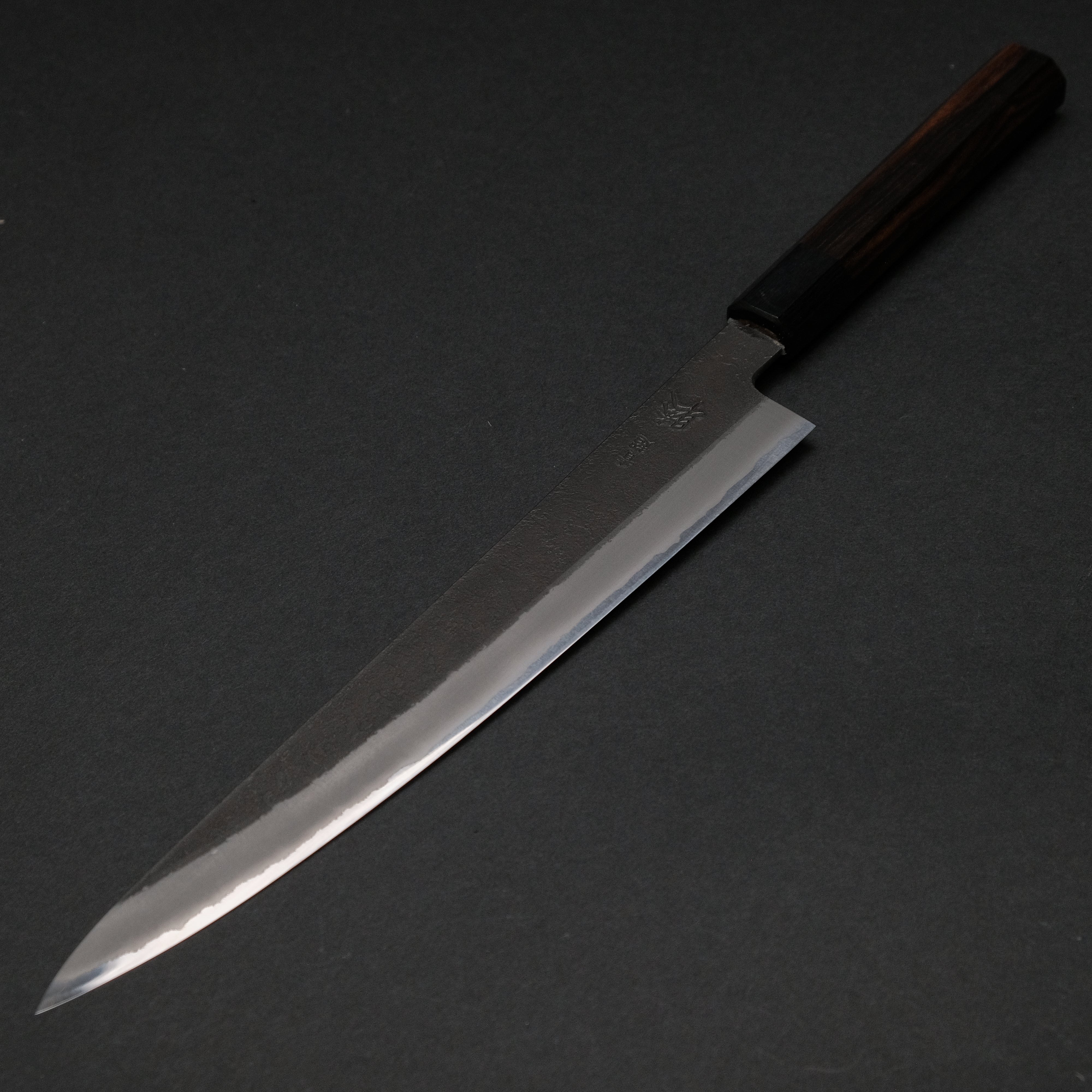 Premium 240mm Sujihiki Japanese Slicing Knife - Mutsumi Blue Super Steel, Kurouchi Nashiji Finish, Ebony Handle - Perfect for Sushi, Sashimi & Meat Carving