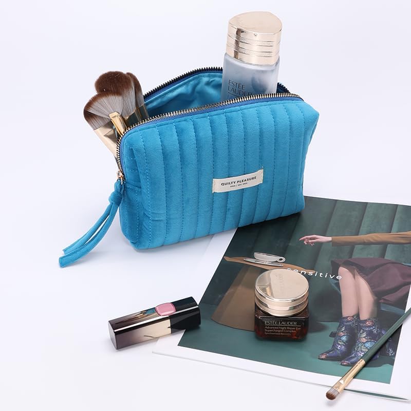 Quilted Small Makeup Bag for Women & Girls - Solid Color Zippered Toiletry Pouch | Blue Lagoon Cosmetic Organizer | Perfect for Travel, Gym & Daily Essentials Storage
