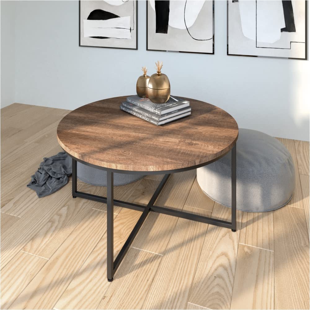 Round Coffee Table for Living Room - Modern Brown Metal Center Table with Glass Top - Perfect for Small Spaces, Apartments & Lounge Areas