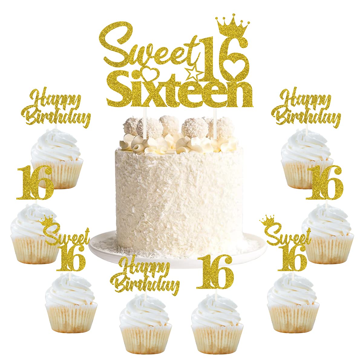 25-Pack Sweet 16 Birthday Cake Decorations Set - Gold Happy 16th Cake Topper & Cupcake Toppers for Boys & Girls - Perfect for Sweet Sixteen Parties, Birthday Celebrations & Milestone Events
