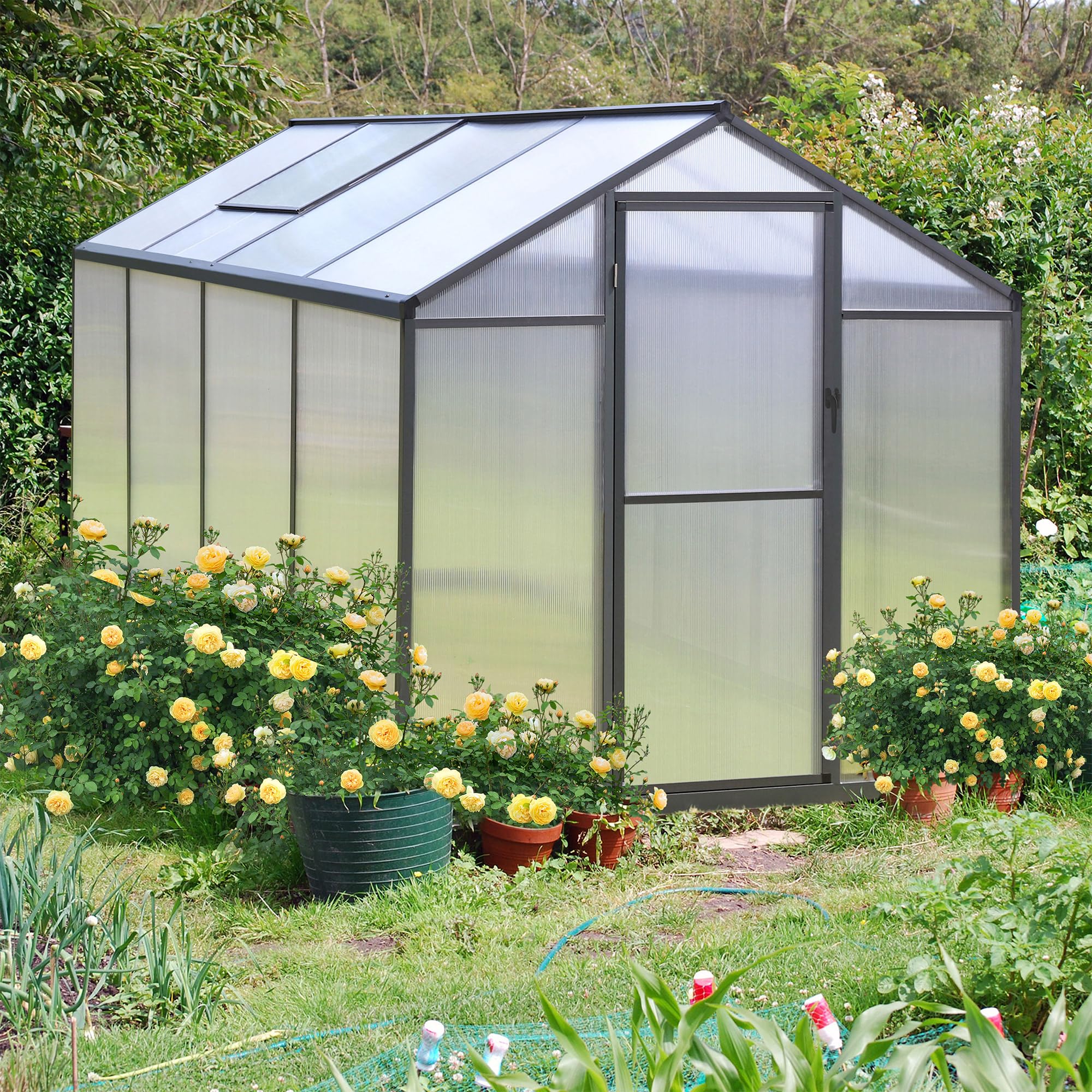 8'x6' Heavy-Duty Polycarbonate Aluminum Greenhouse Kit with Door & Adjustable Roof Vent - Winter Garden Protection for Backyard, Patio & Outdoor Plants | Durable Grey Structure for Year-Round Gardening