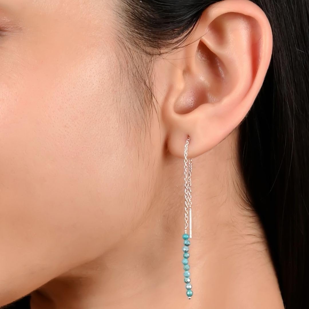 Real Turquoise Threader Earrings for Women - Adjustable Dangle Drop Earrings, Sterling Silver Chic Jewelry, December Birthstone Gift - Perfect for Second Ear Piercing, Special Occasions & Everyday Wear