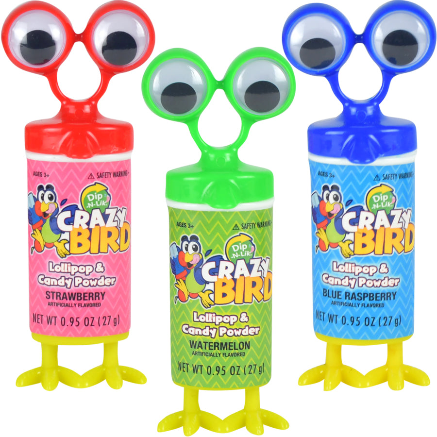 Crazy Bird Dip N Lik® Display Box - 12 Pack Candy Lollipops for Parties, Halloween, Birthdays & Events - Fun Treats for Kids & Adults