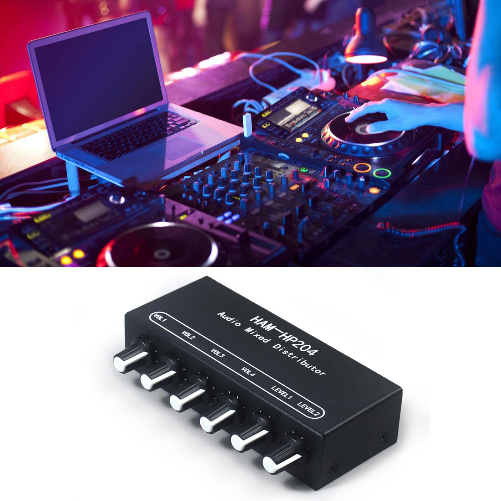 2 Input 4 Output 3.5mm Stereo Audio Mixer Selector Switcher - Headphone Amplifier with Individual Volume Control for Home Studio, DJ Setup & Gaming Stations