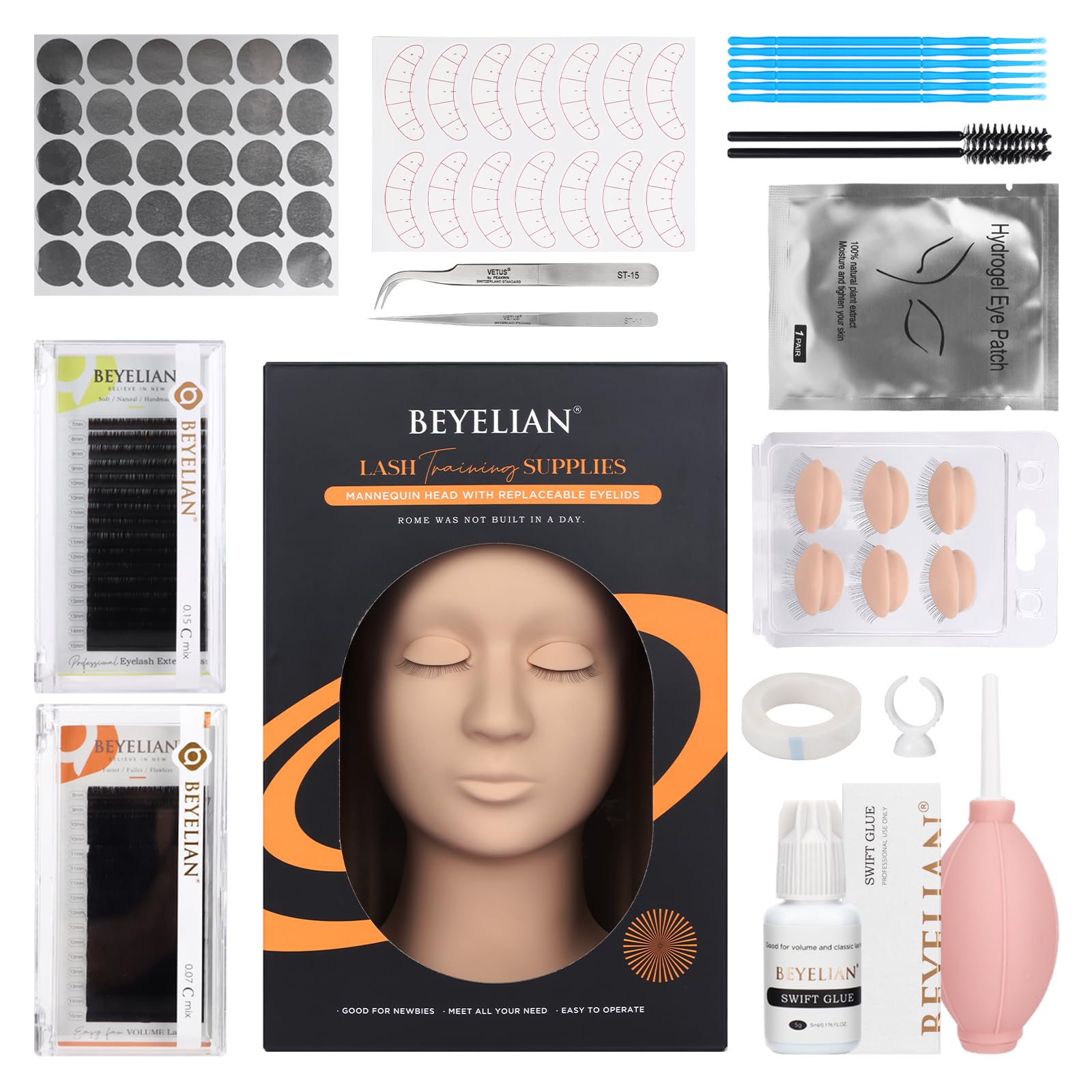 BEYELIAN Professional Eyelash Extension Kit - 353 Piece Set with Removable Eyelids Mannequin Head for Beginners | Salon & Home Use, DIY Lash Practice, Beauty Training, Professional Certification Prep