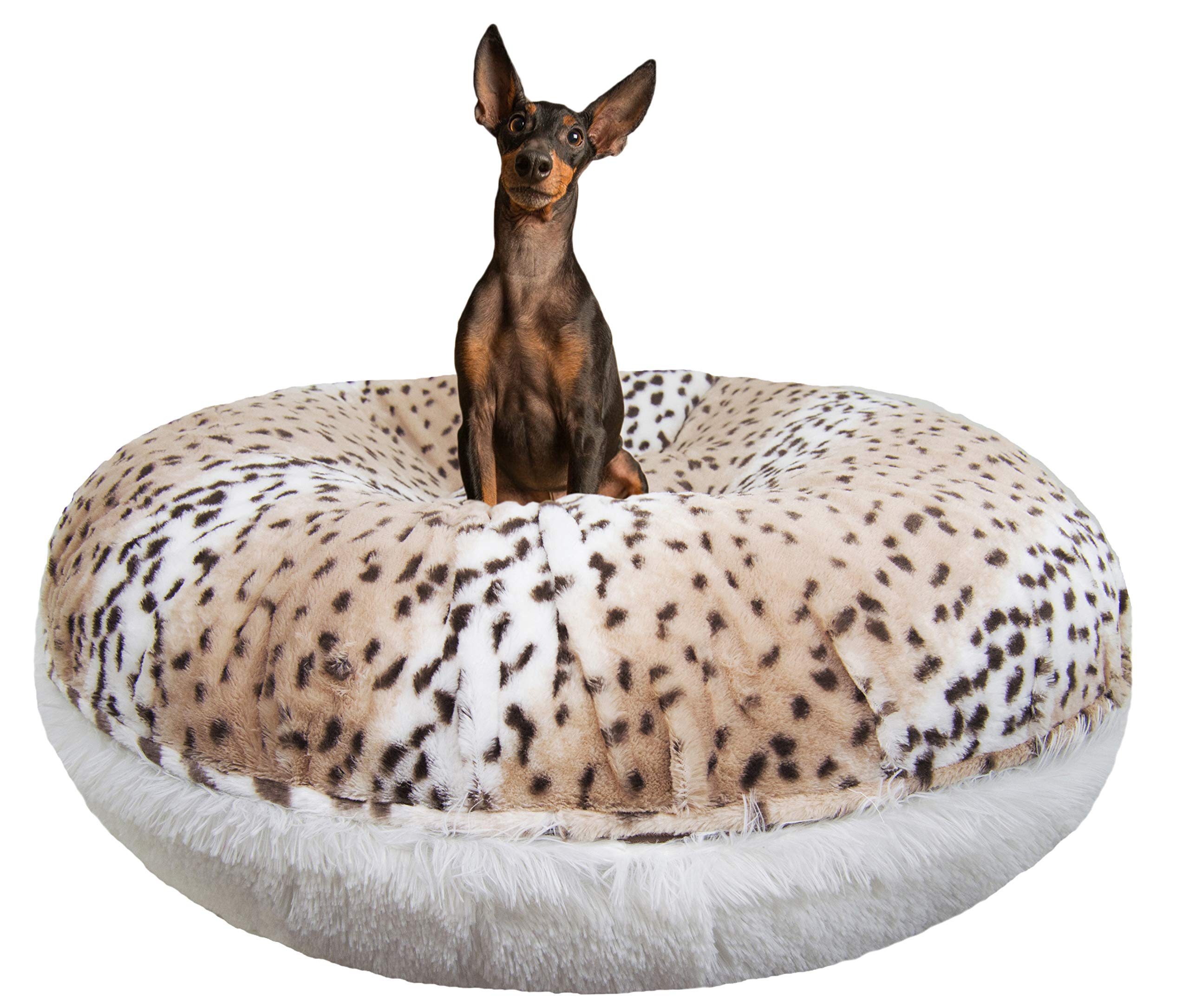 Bessie and Barnie Signature Aspen Snow Leopard / Snow White Luxury Shag Extra Plush Faux Fur Dog Bed - Ultra Soft Pet Bed for Small Medium Large Dogs - Perfect for Bedroom, Living Room & Pet Travel