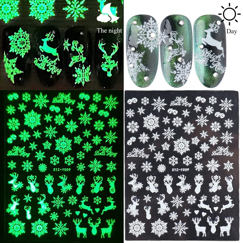 Glow in The Dark Christmas Nail Art Stickers - 9 Sheets Self-Adhesive Snowflake Nail Decals for Winter Holiday Nail Design | Perfect for Xmas Parties, Gift Wrapping & Festive Nail Art Decoration