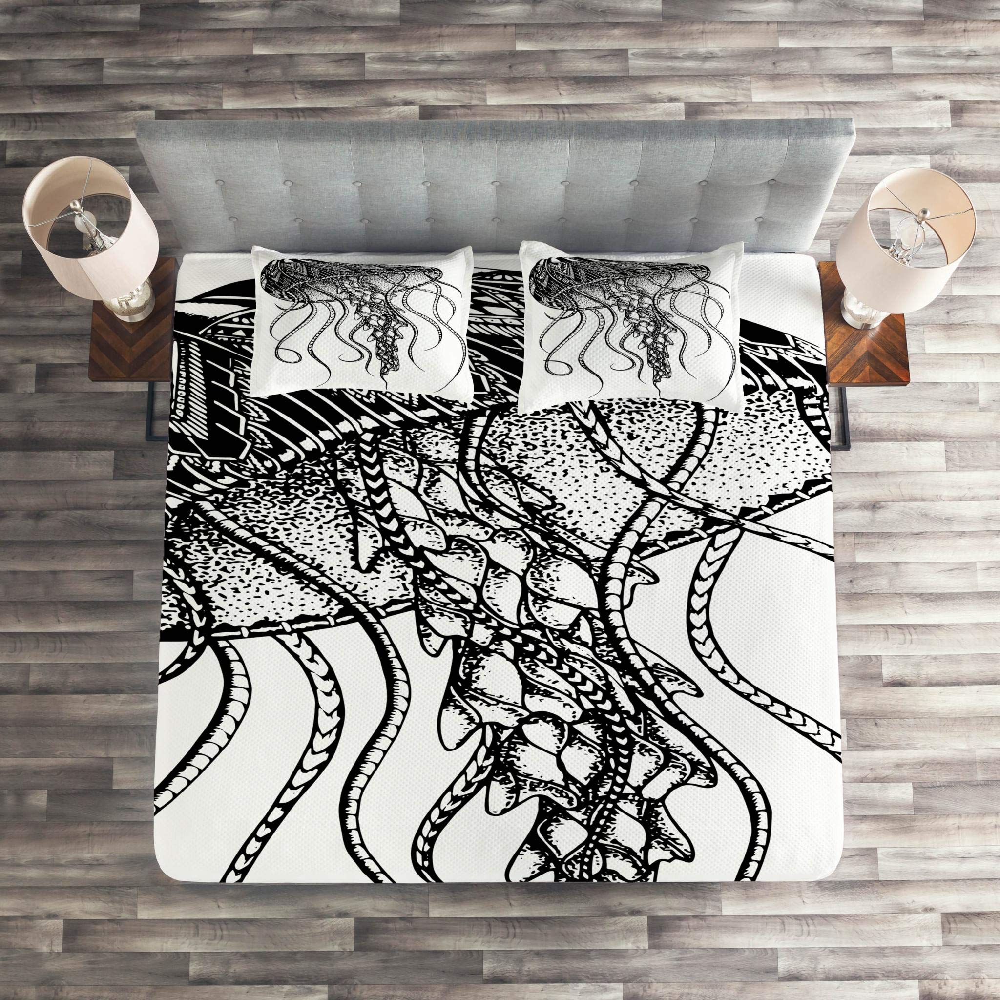 Lunarable Black and White Ocean Theme Jellyfish Quilted Bedspread Set - 3 Piece King Size Tattoo Coverlet with 2 Pillow Shams | Pencil Drawn Style Home Decor for Beach House, Coastal Bedroom & Boho Chic Interior Design