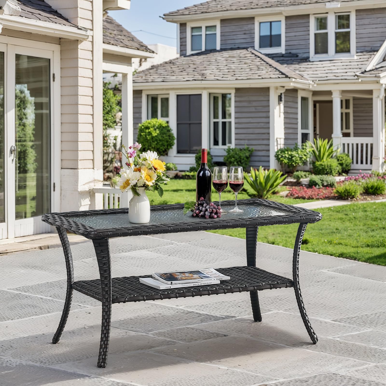 Outdoor Rattan Wicker Coffee Table with Tempered Glass Top & 2-Tier Storage - Patio Furniture for Deck, Porch, Balcony, Garden - Brown - Perfect for Outdoor Entertaining and Relaxation