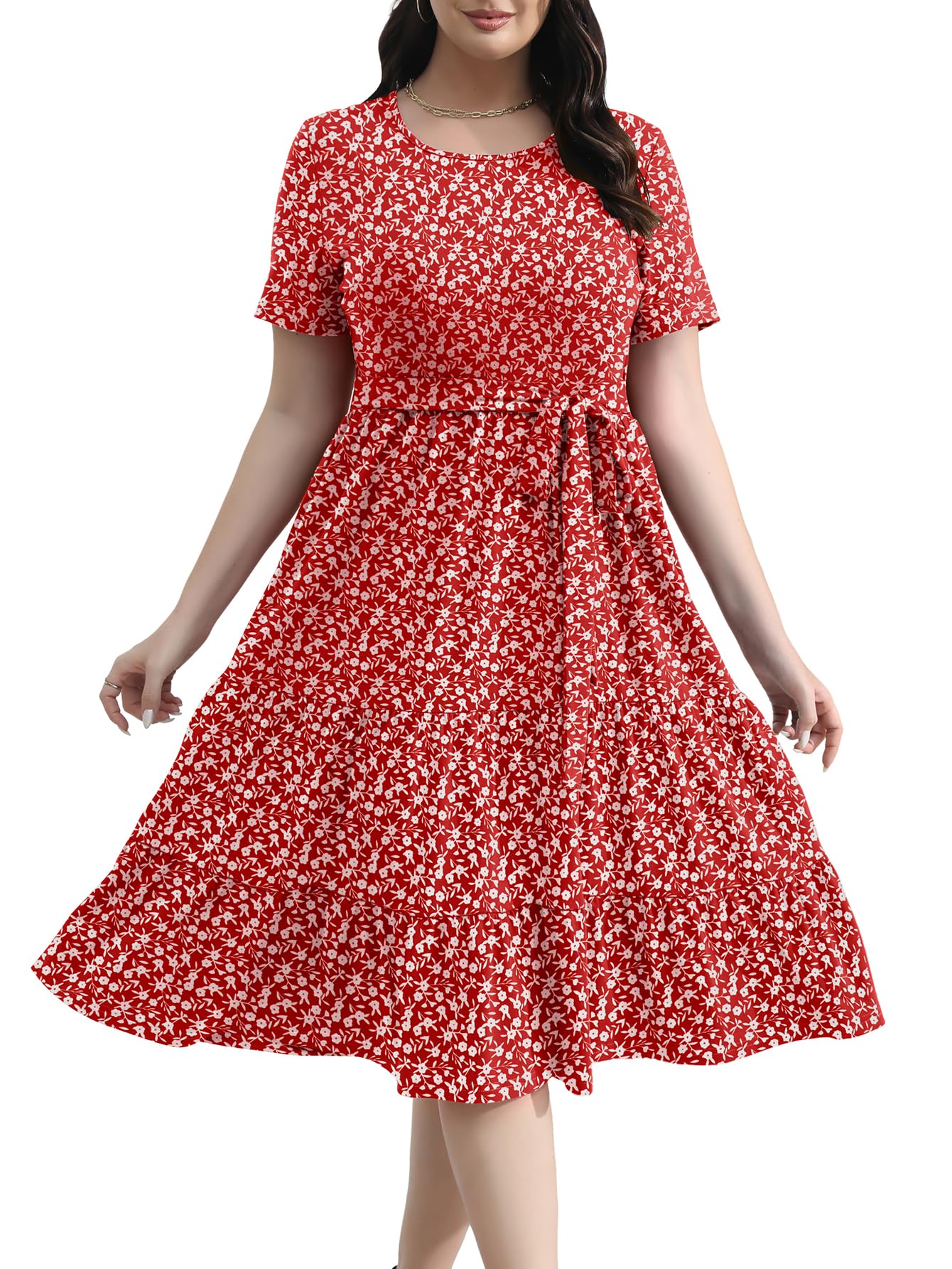 Elegant Plus Size Floral Midi Dress for Women 2025 - Tiered Flowy Modest Wedding Guest Dress with Belt & Pockets | Perfect for Bridal Showers, Garden Parties & Formal Events