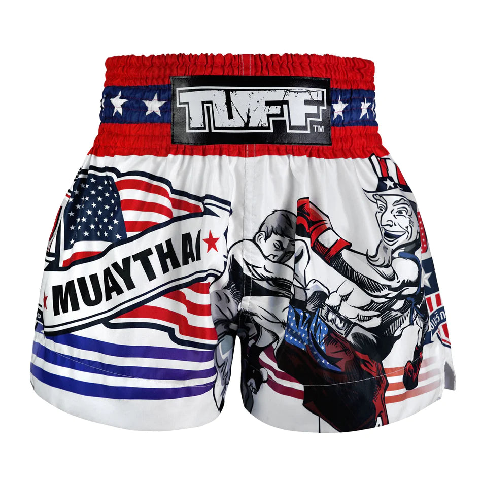 Premium Tuff Muay Thai Shorts - Patriotic Uncle Sam Design in White, Blue & Red | Ideal for MMA, Kickboxing & Muay Thai Training