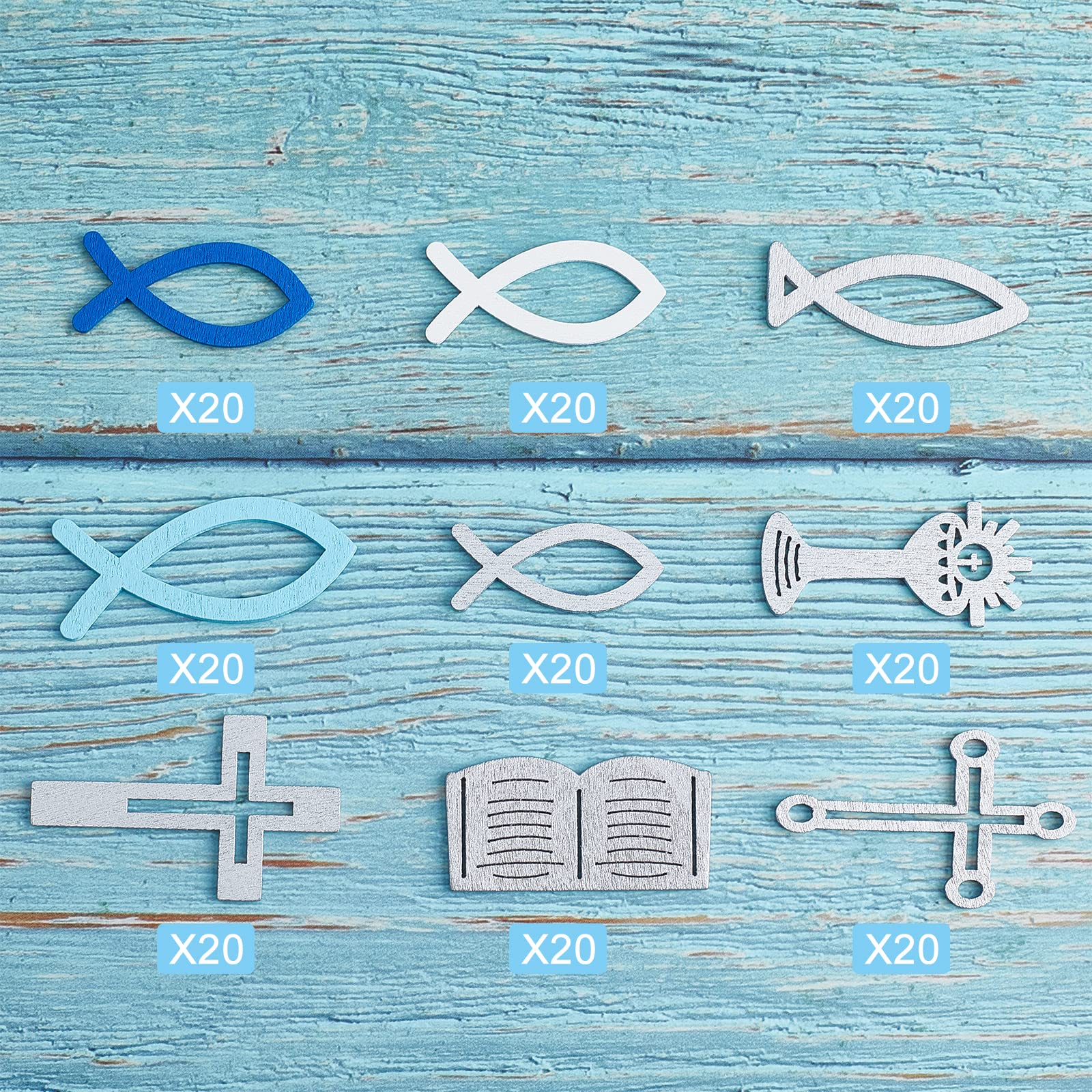 SUPERFINDINGS 180Pcs Blue & White Wooden Fish Decorations - 9 Styles Poplar Wood Jesus Fish Cross Scatter Decor for Baptism, Church Events, Wedding Centerpieces & Table Party Decorations