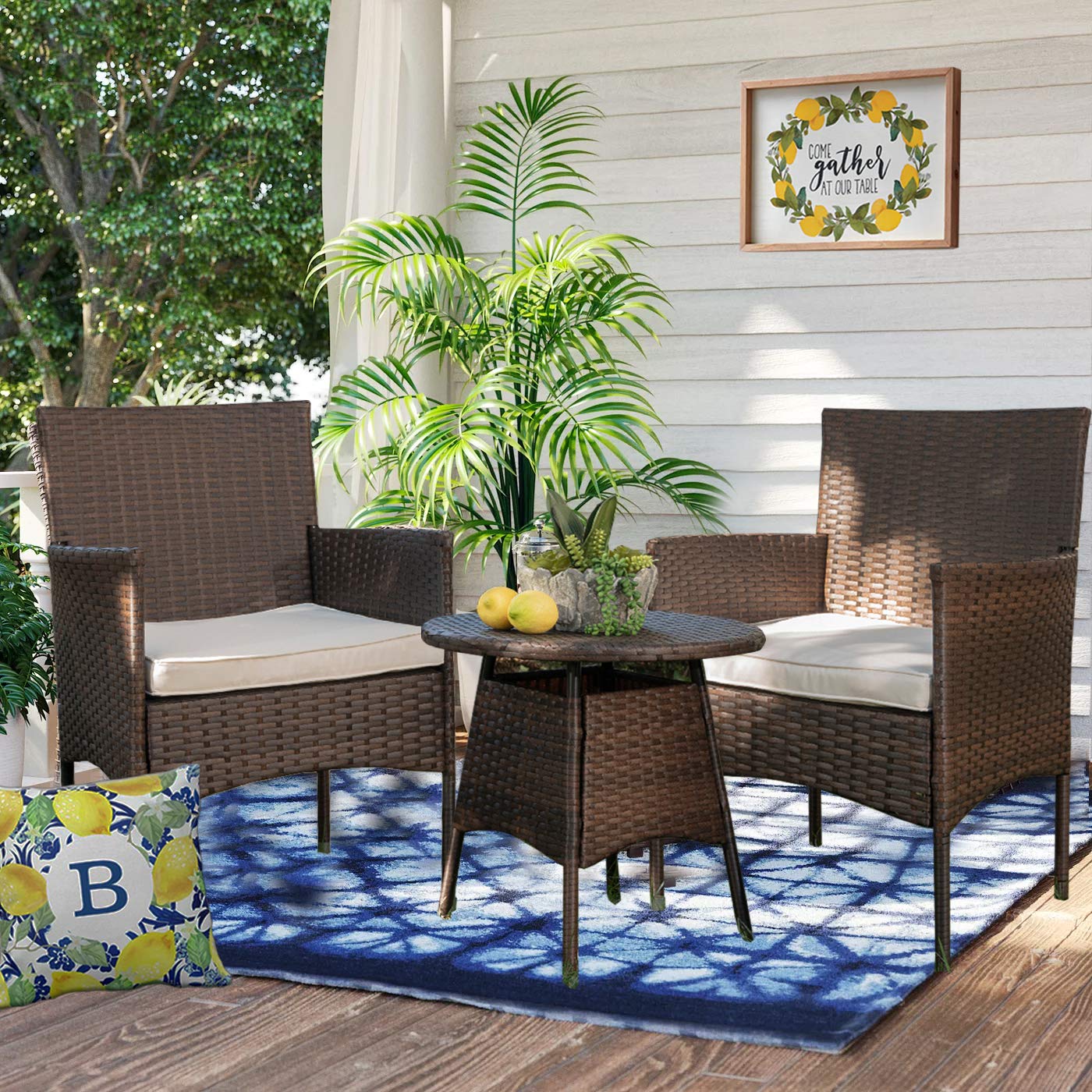 Barton 3-Piece Outdoor Bistro Set with Glass Table - Beige Wicker Rattan Patio Furniture for Garden, Balcony & Poolside Relaxation | Modern Conversation Seating for Backyard, Deck & Terrace