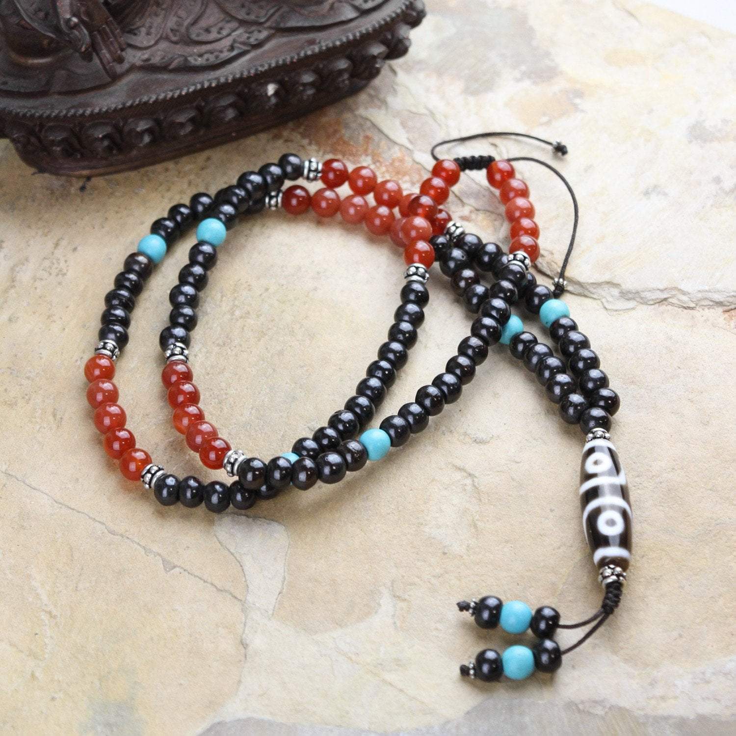 Adjustable Carnelian and Dzi Bead Tibetan Necklace - Spiritual Healing Jewelry for Meditation, Yoga & Energy Protection