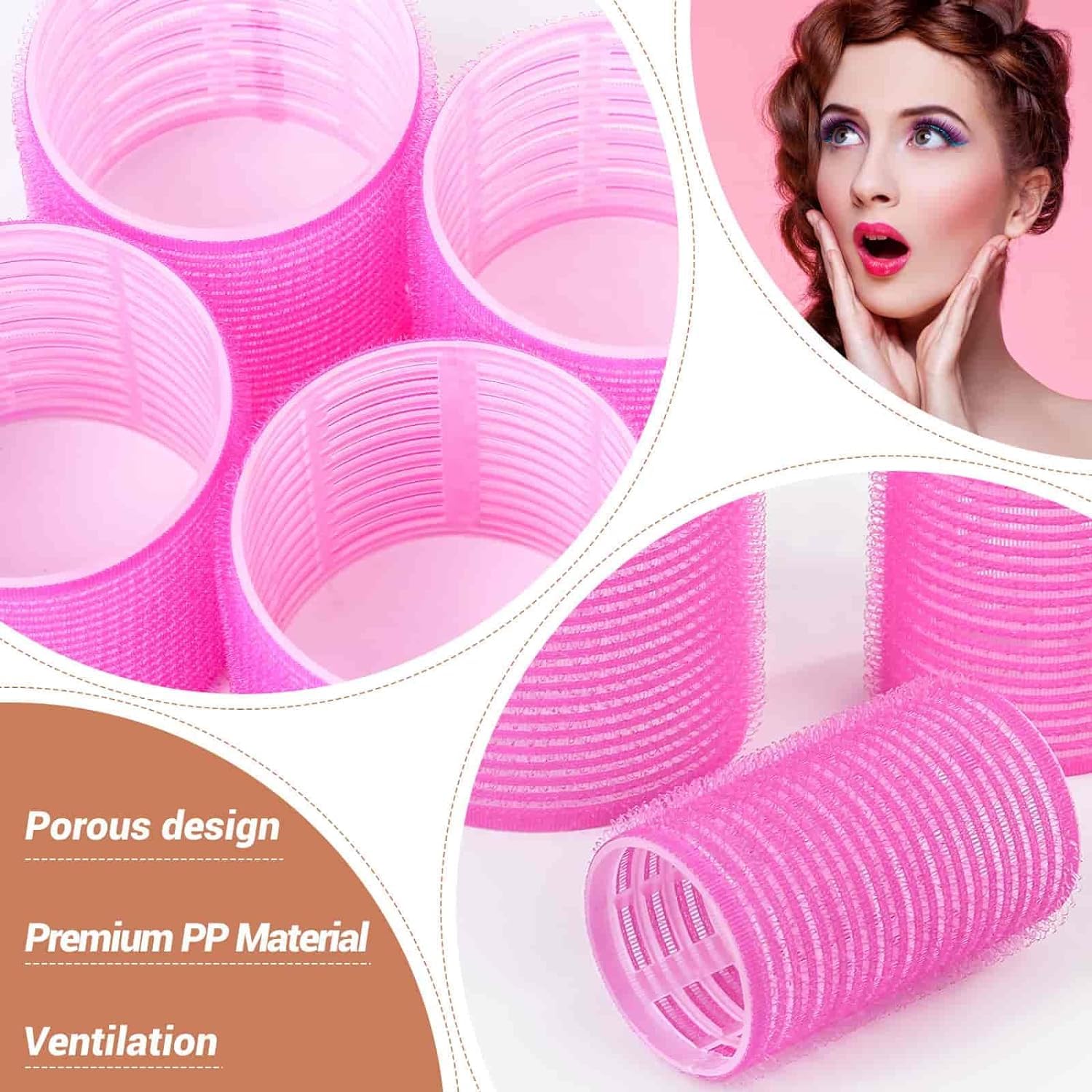 Self Grip Hair Rollers & Heatless Curlers Set - 24 Pcs (3 Sizes: 4 Jumbo, 4 Large, 4 Medium) with 12 Hair Clips for Long/Medium/Short Hair - Yellow & Pink - Perfect for Overnight Styling, Beach Waves & Salon-Quality Curls at Home