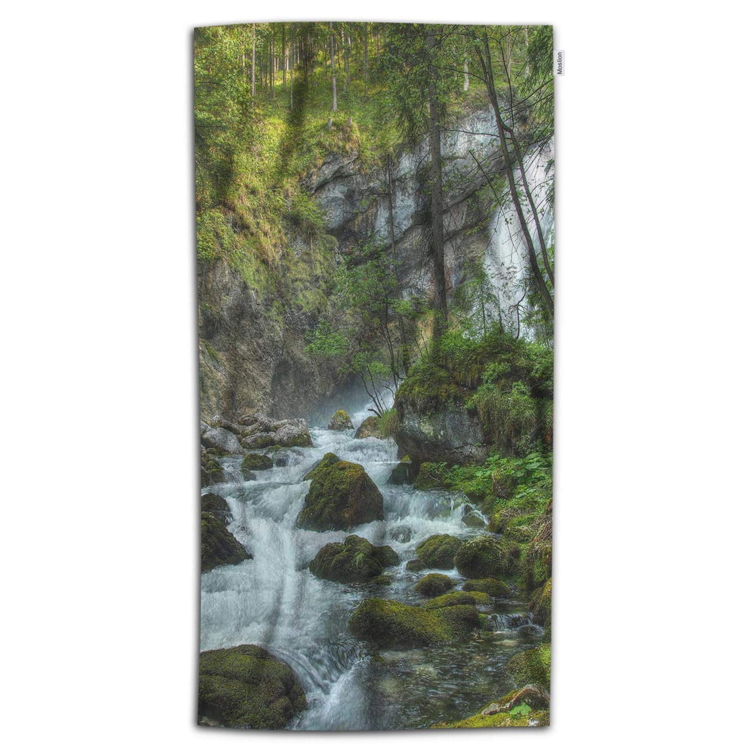 Soft Microfiber Bath Towel 32x64 Inch - Nature Landscape Waterfall Design with River Rocks & Tree Leaves - Green & White Baby Hand Beach Towel for Kids | Perfect for Bathroom, Pool, Beach & Travel