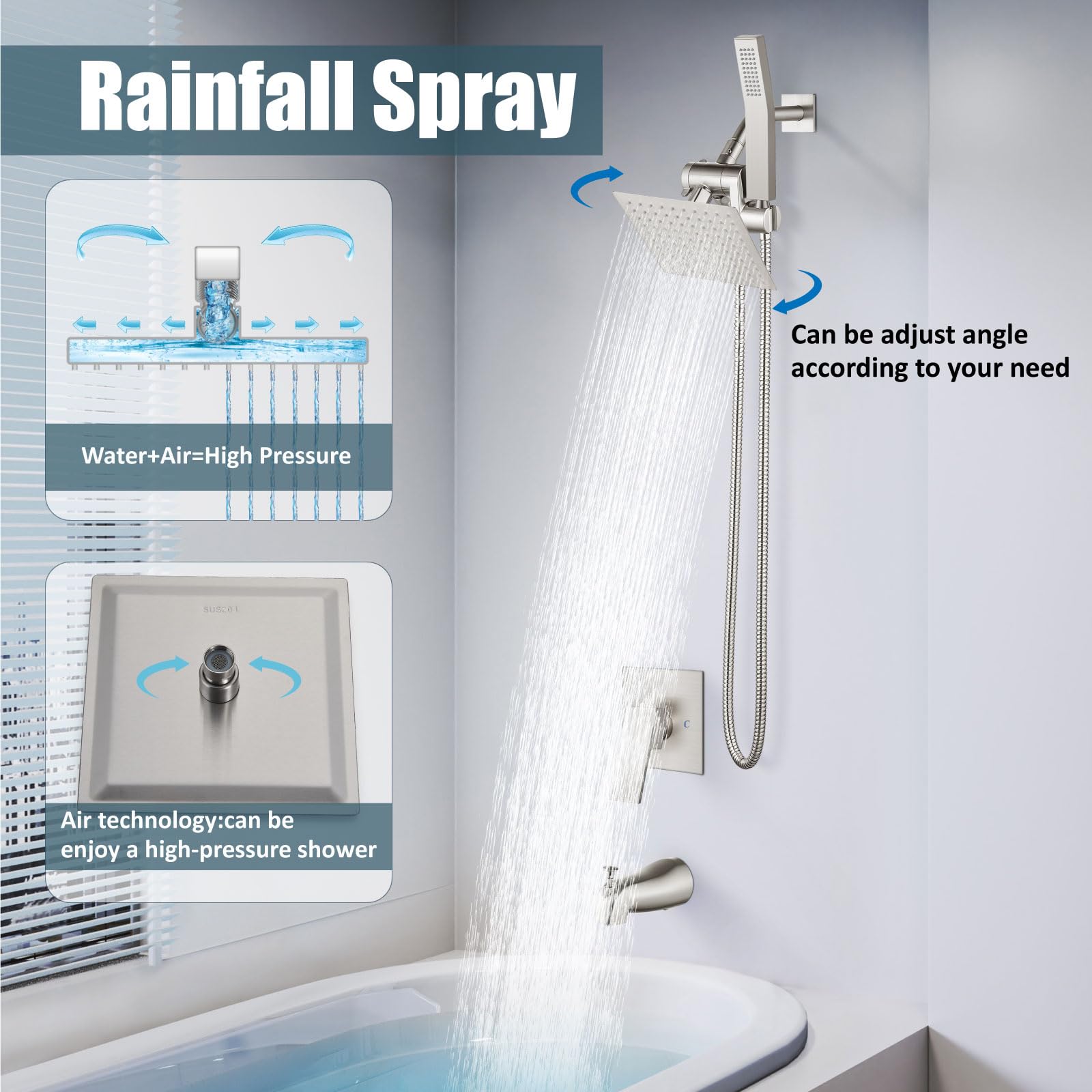 Aolemi 6 Inch Shower Tub Faucet Set with Handheld Spray & Rainfall Shower Head - Brushed Nickel Finish - Complete Shower Trim Kit with Rough-in Valve - Perfect for Bathroom Renovation & Spa-Like Shower Experience