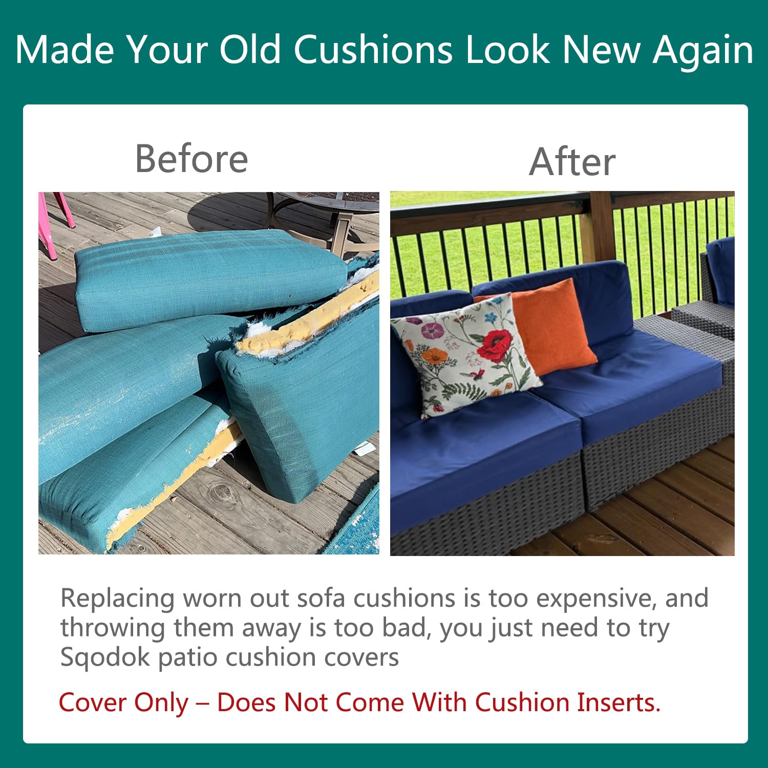 Sqodok 25x25 Inch Waterproof Outdoor Cushion Covers - 4 Pack Replacement Patio Furniture Cushion Covers for Sectional Sofa, Wicker Chair - Durable & Weather-Resistant - Perfect for Backyard, Deck, Poolside & Garden (Blue)