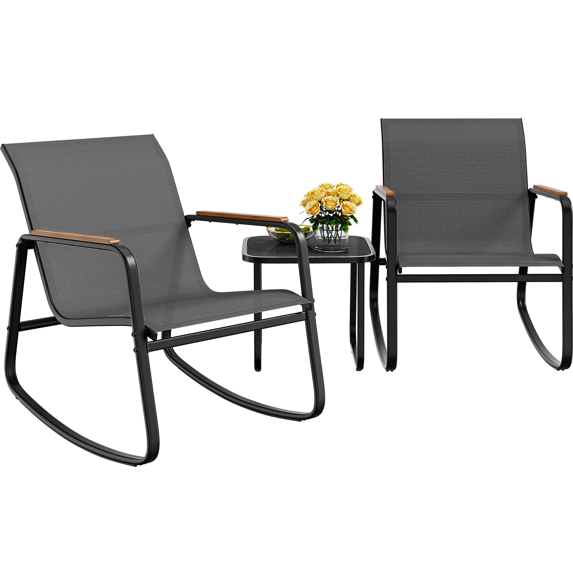 YITAHOME 3-Piece Outdoor Rocking Bistro Set with Wooden Armrests & Glass Table - Patio Furniture for Lawn, Garden, Balcony, Poolside - Dark Gray | Perfect for Relaxing, Entertaining & Enjoying Outdoor Spaces