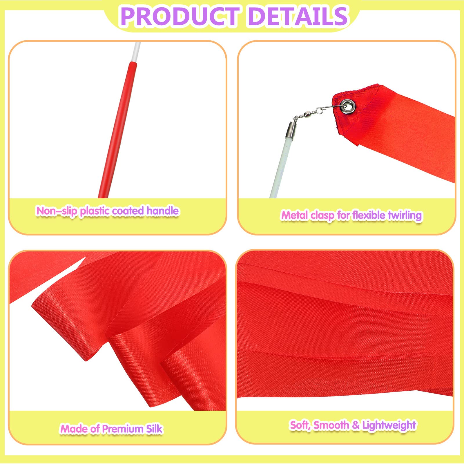 Yilloog 78.7 Inch Gymnastics Ribbon Dancing Wands - Rainbow Artistic Streamers for Twirling & Dance Performances | Perfect for Birthday Party Decorations, Girls Games & Gymnastics Practice | Great for Dance Recitals, Birthday Celebrations & Outdoor Play