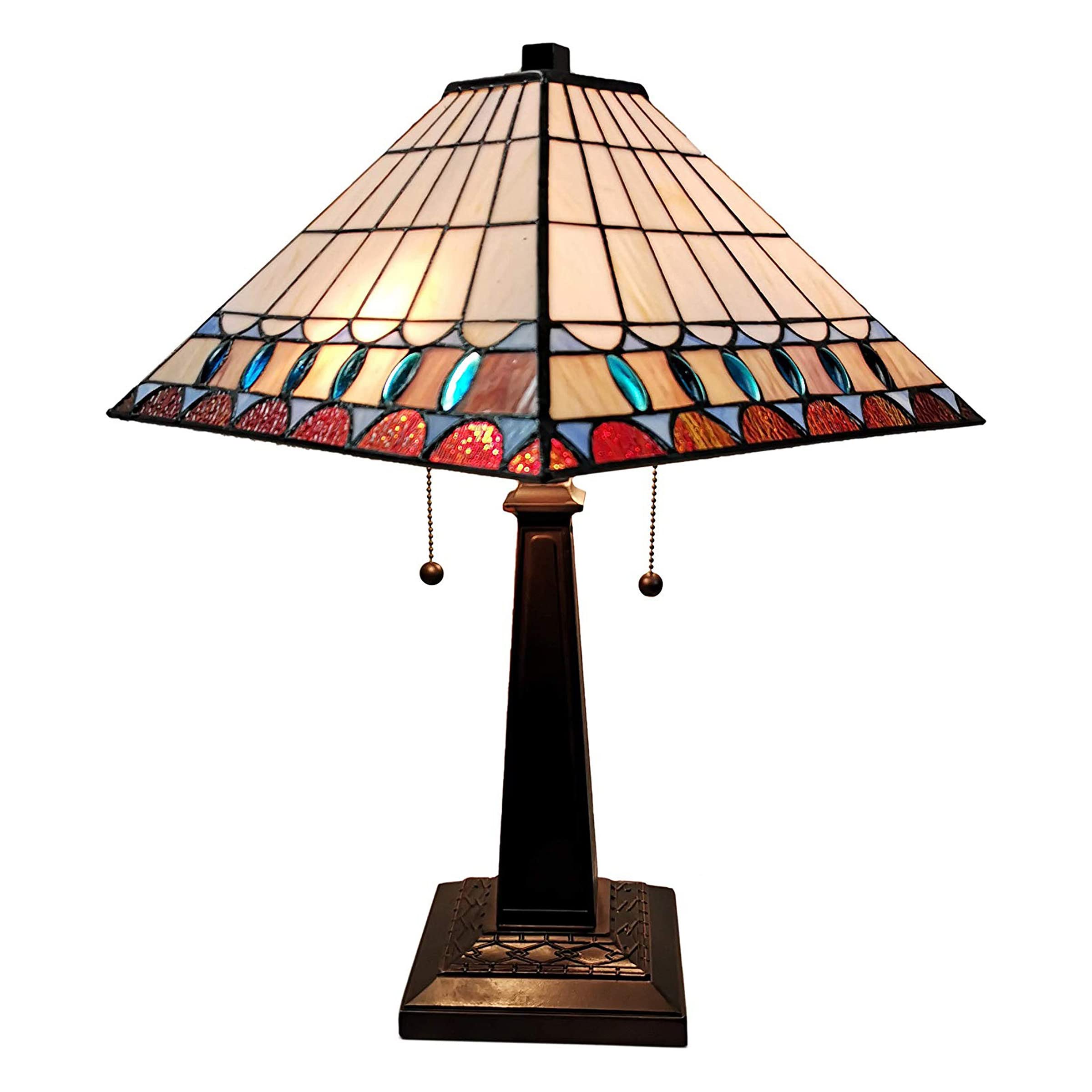Vintage Tiffany Style Table Lamp - Geometric Mission Design Stained Glass Nightstand Light - 23