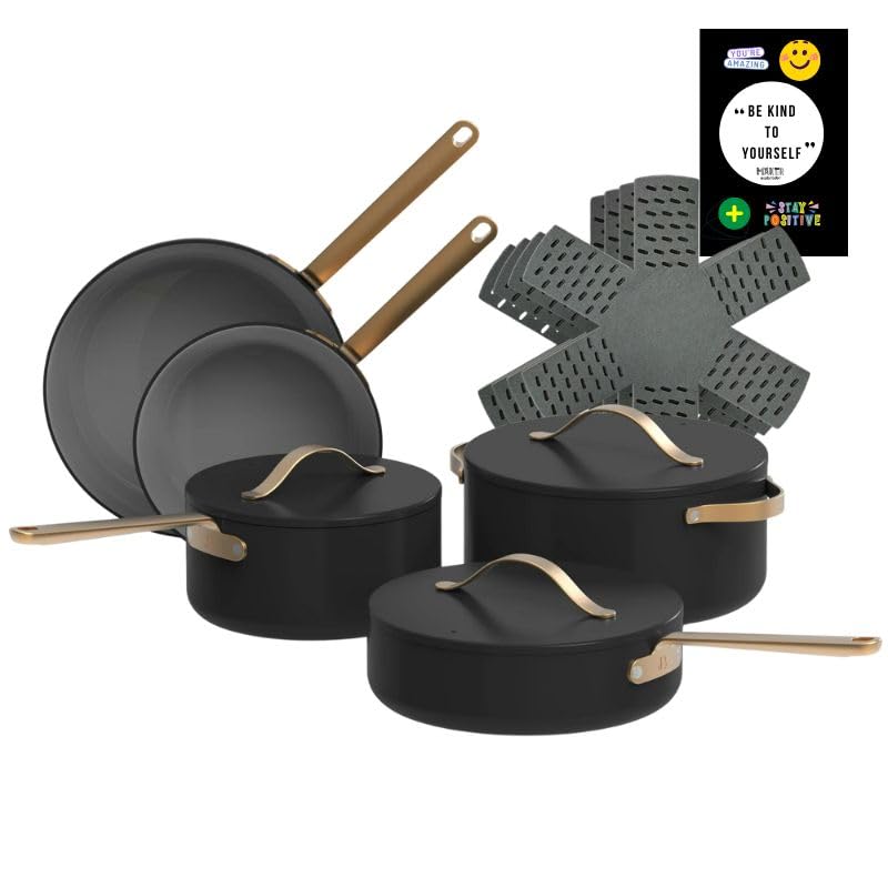 12-Piece Black Sesame Ceramic Non-Stick Cookware Set by Drew Barrymore - Oven & Dishwasher Safe, All Stovetop Compatible - Perfect for Baking, Roasting & Everyday Cooking