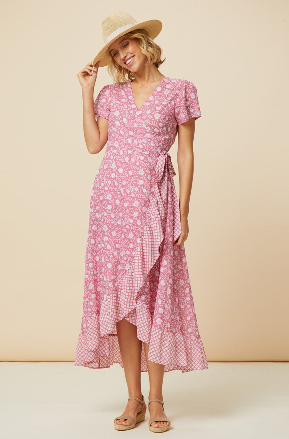 Stylish Demi Cotton Wrap Dress in Primula Pink & White - Perfect for Casual Outings, Date Nights, and Summer Vacations