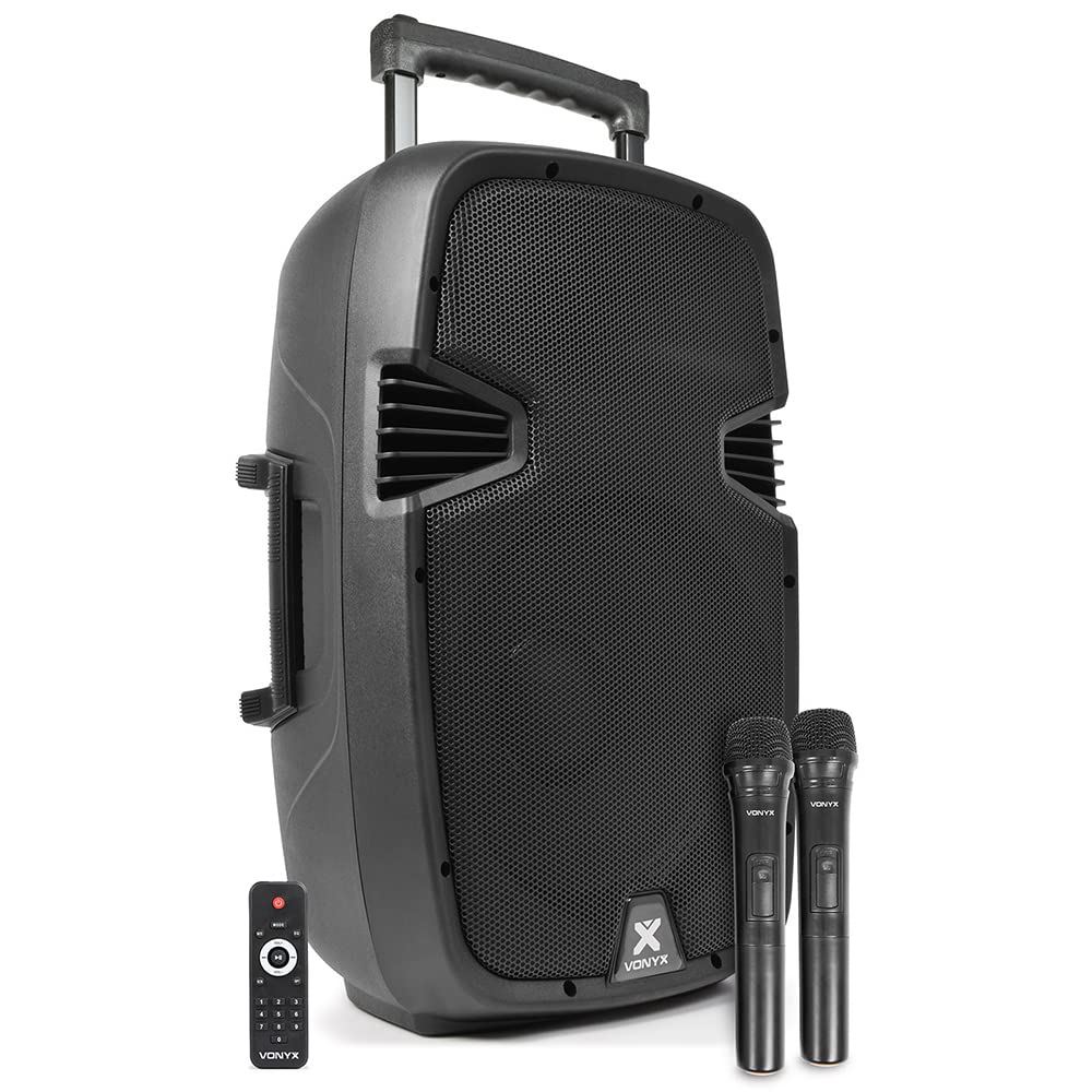 VONYX SPJ-PA912 12-Inch 500W Portable PA Speaker System with Wireless Microphones, Bluetooth, Rechargeable Battery & Protective Cover - Perfect for Outdoor Events, Parties, DJ Performances and Public Speaking