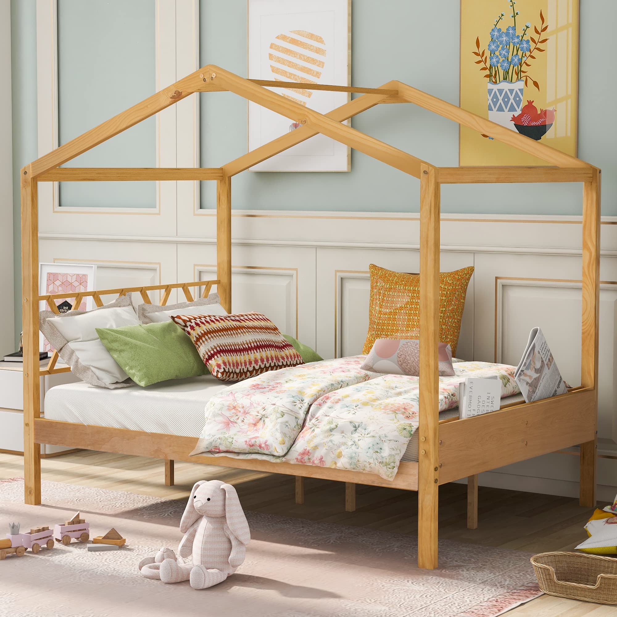 Wooden Playhouse Canopy Bed Frame - Full Size Montessori Platform Bed for Kids, Boys & Girls - No Box Spring Needed - Perfect for Bedrooms, Playrooms & Montessori Learning Spaces