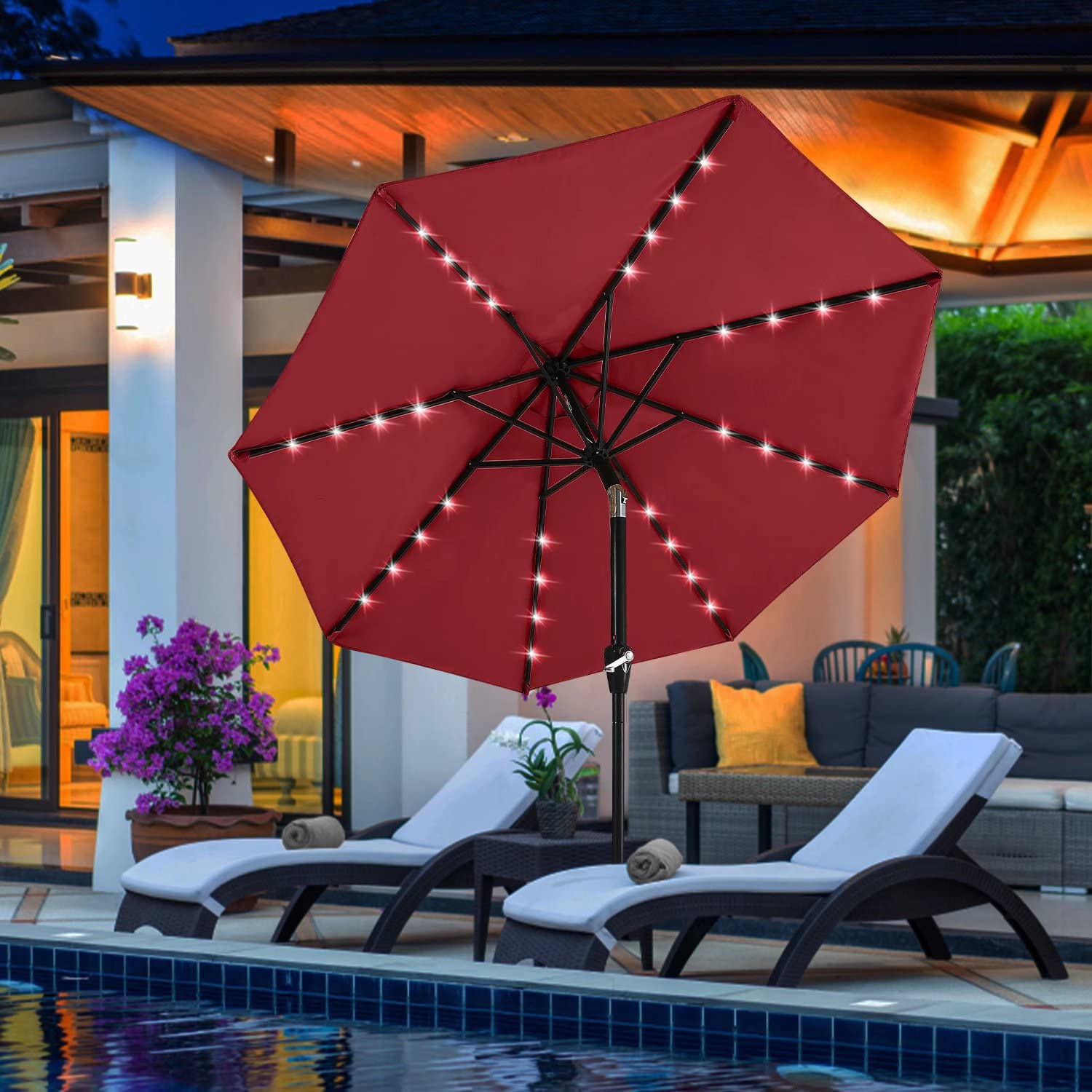 Durable 9FT Solar LED Patio Umbrella with 32 LED Lights - Burgundy Color for Outdoor Dining, Poolside Relaxation & Backyard Parties