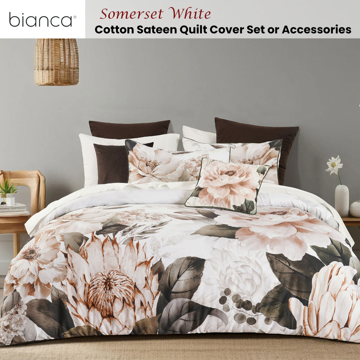 Bianca Somerset White Cotton Sateen Floral Quilt Cover Set Queen Size - Luxury Bedding for Master Bedroom, Guest Room & Hotel Decor