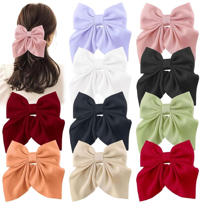 FAMEZA 6-Piece Set of Large Hair Bows for Women & Girls - 5.5 Inch Handmade Fabric Hair Clips, Soft French Barrettes in 6 Solid Colors - Perfect for School, Parties, Weddings & Everyday Hair Accessories