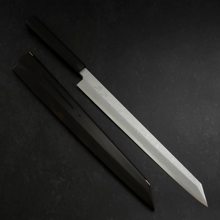 Premium Yanagi Kiritsuke Knife - Blue Steel #1 Suminagashi Blade with Buffalo Ebony Handle & Sheath - 330mm Japanese Sushi & Sashimi Chef Knife - Perfect for Professional Chefs & Home Cooking Enthusiasts