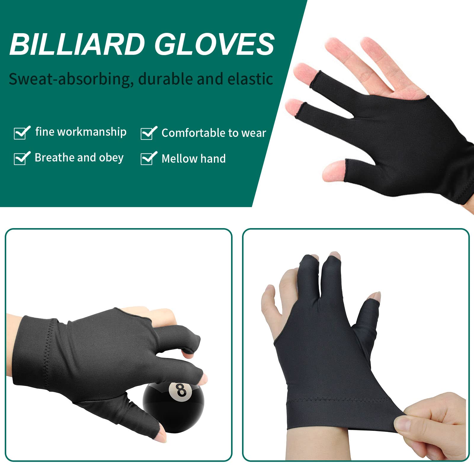 Anxingo 8PCS 3-Finger Pool Gloves - Left/Right Hand Billiard Gloves for Men & Women, Breathable Black Snooker Gloves for Enhanced Grip & Control - Perfect for Pool, Snooker & Billiards Tournaments