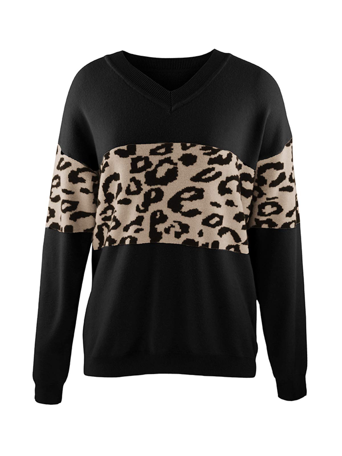 GLIENST Women's Leopard Print V-Neck Sweater - Cozy Knit Pullover for Casual Wear