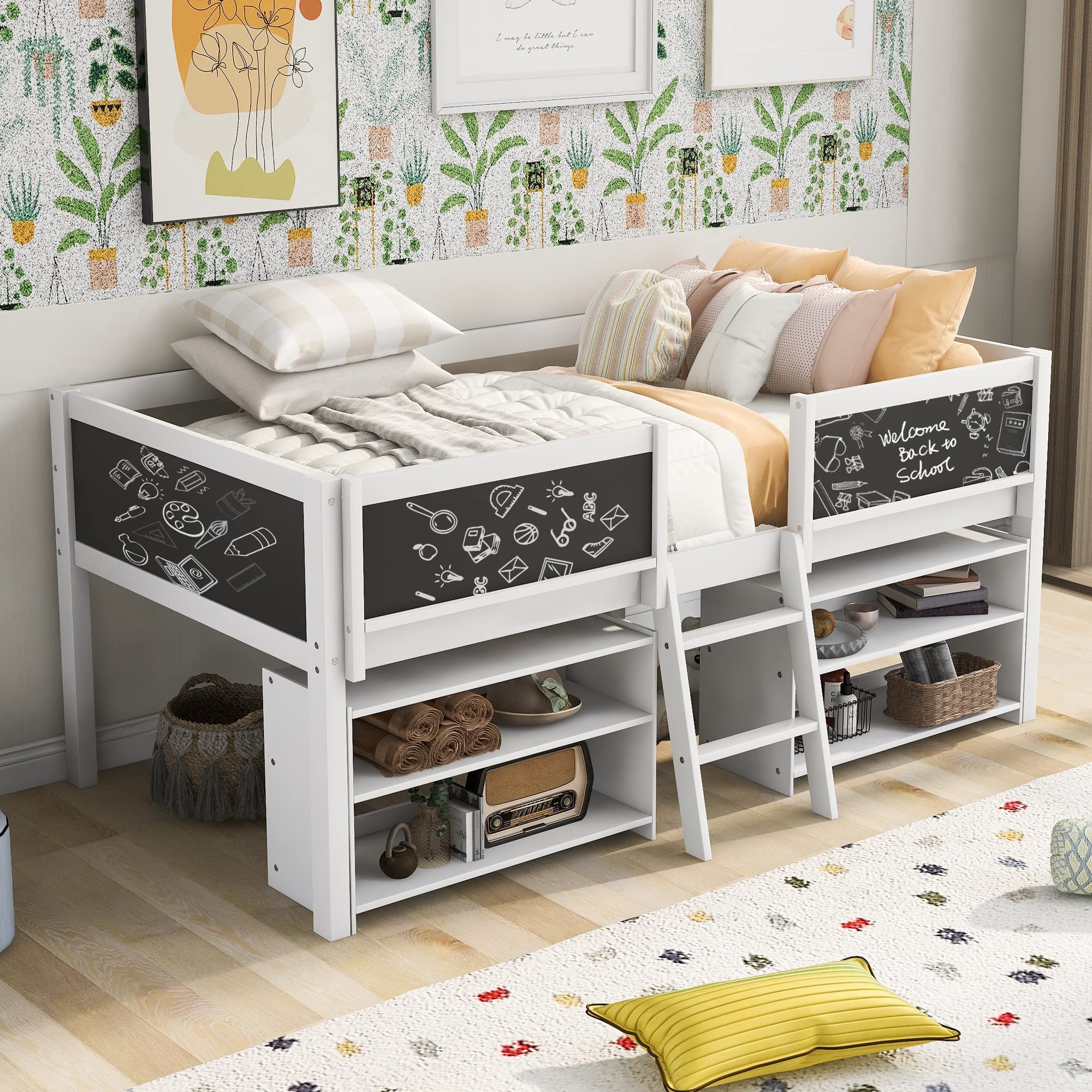 LSHIRT Twin Size Low Loft Bed with 2 Adjustable Shelves & Ladder - White Easy Assembly Kids Bunk Bed with Chalkboard Guardrail | Perfect for Small Bedrooms, Dorm Rooms & Space-Saving Kids' Furniture