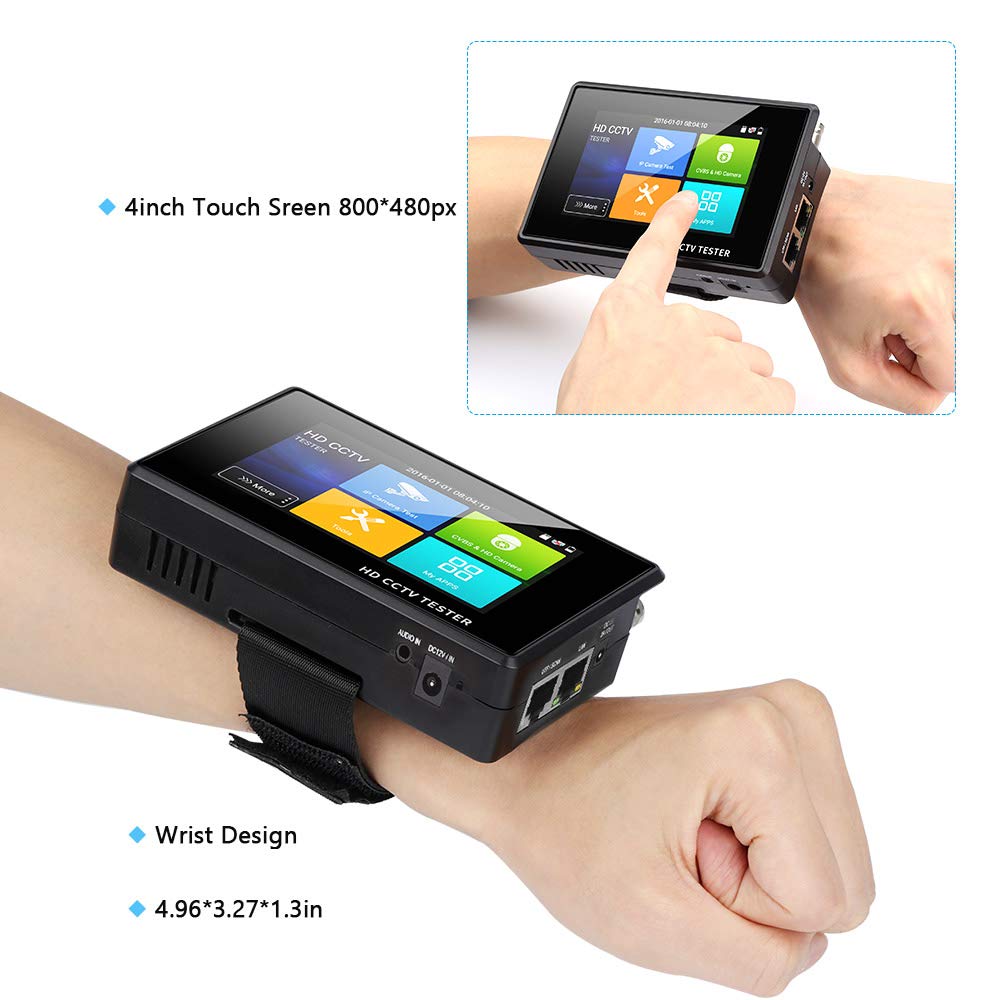 WSDCAM 4 Inch Portable Wrist IP Camera Tester - 4K H.265 CCTV Tester for IP/CVBS/CVI/TVI/AHD Analog Cameras with POE, IP Discovery & Firmware Update | Perfect for Security Installations & Camera Maintenance