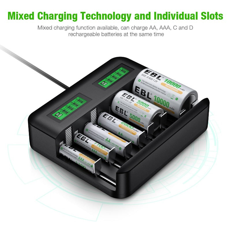 EBL C9008 AA AAA Battery Charger with 8 Rechargeable Batteries - Fast Charging for Cameras, Toys, and Household Electronics