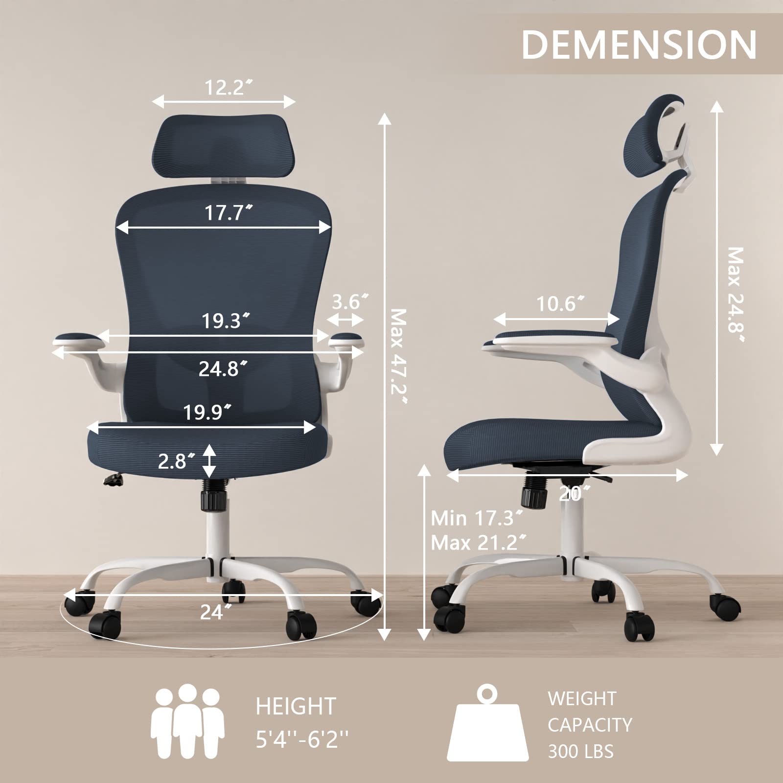 Ergonomic High Back Office Chair with Adjustable Lumbar Support & Headrest - Breathable Mesh Task Chair, Swivel Executive Desk Chair with Flip-Up Armrests - Perfect for Home Office, Gaming & Workspaces