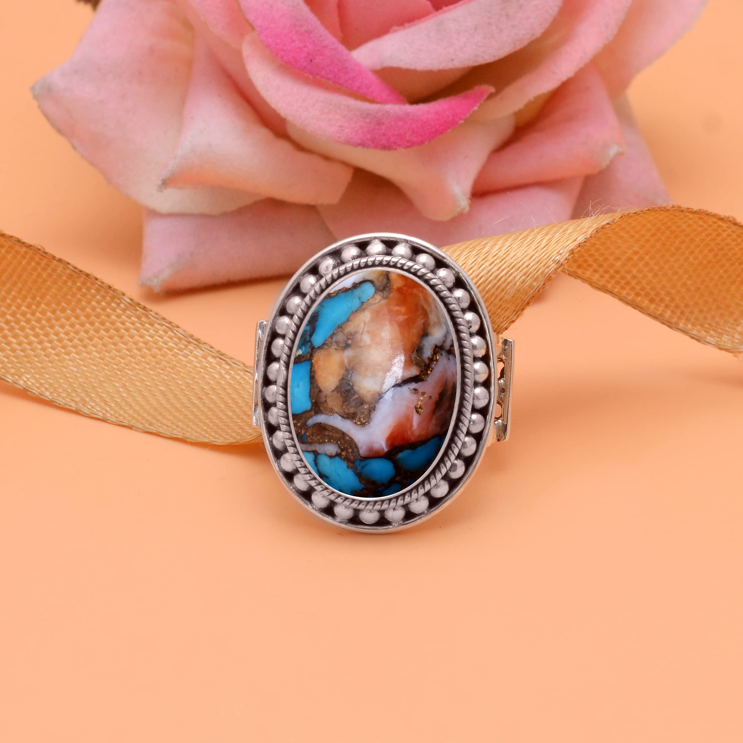 Veracity Jewelry 925 Sterling Silver Oyster Copper Turquoise Ring for Women - Kingman Mojave Spiny Oyster Healing Meditation Jewelry - Multi-Color Turquoise Gemstone Ring (VSR-35) | Perfect for Boho Fashion, Spiritual Healing & Everyday Wear