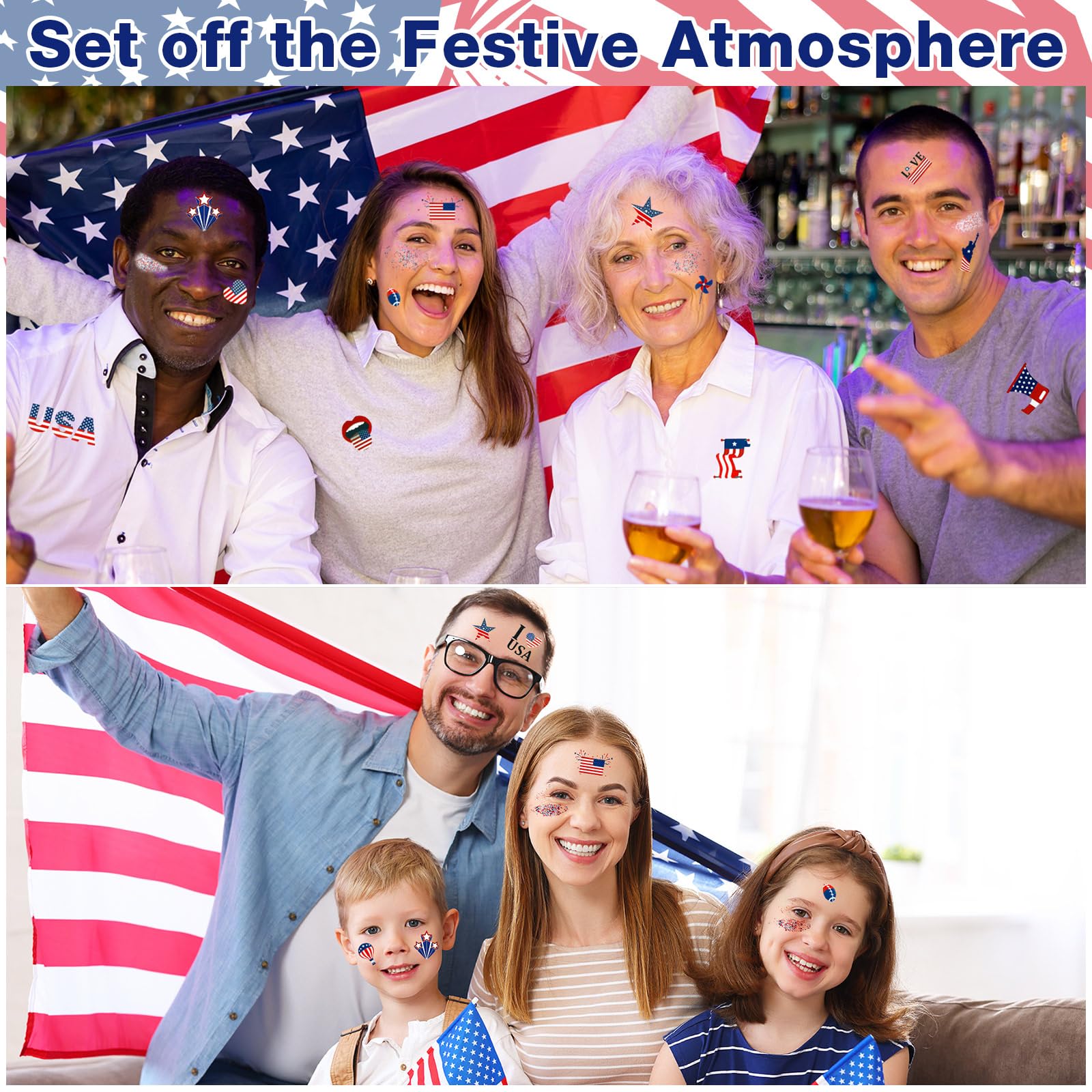 14 Pcs Patriotic Independence Day Accessories Kit - 4 Red White Blue Glitter Gels, 10 USA Flag Temporary Tattoos for Face & Body - Perfect for 4th of July Parties, Festivals, Raves & Patriotic Events
