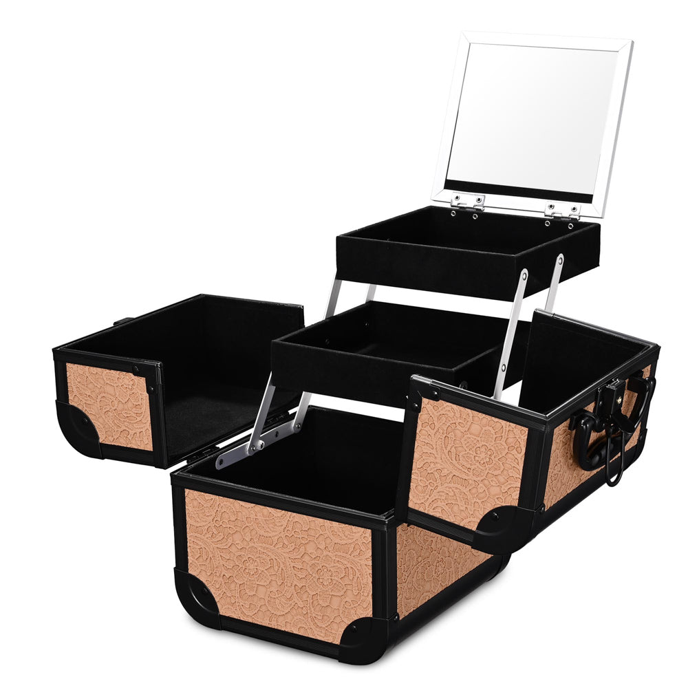TheLAShop Rococo Makeup Case with Mirror & Extendable Tray - Travel Cosmetic Organizer for Makeup Brushes, Lipsticks & Beauty Essentials | Perfect for Home, Salon & On-the-Go Use